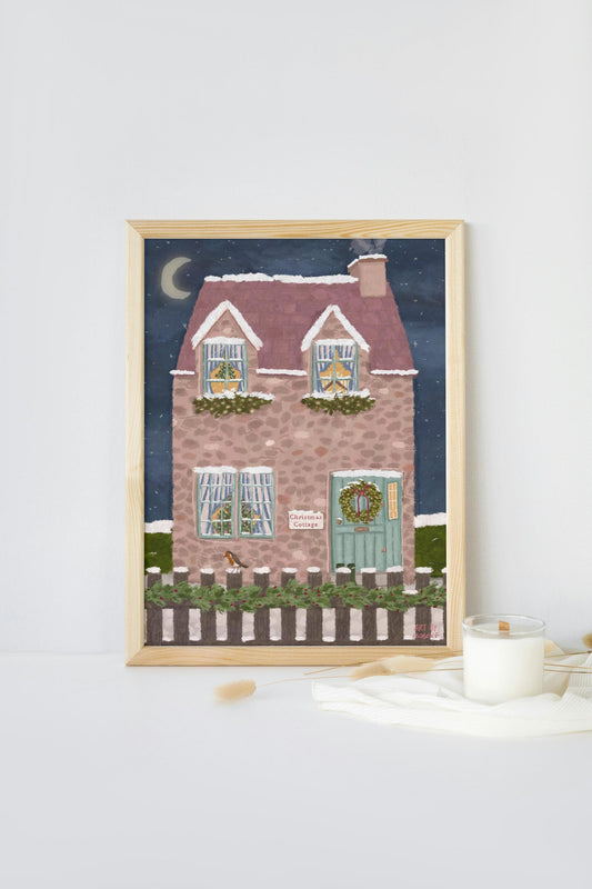 Christmas Cottage Garden Print, Cottagecore Print, English Cottage, Christmas Print, Winter Print, Cosy Home Decor, Whimsical Art