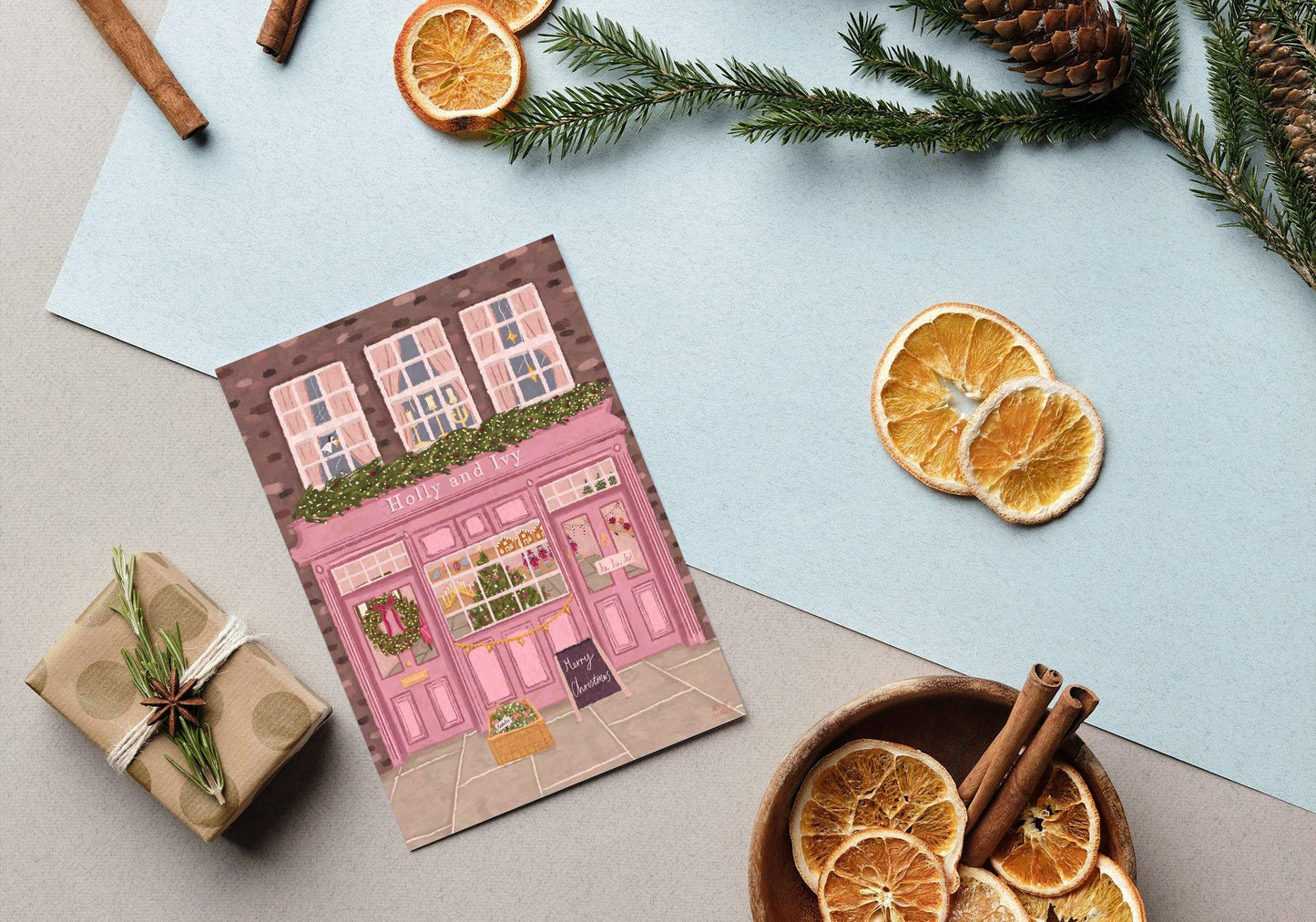 Christmas Shop Christmas Card 5x7inch, Christmas Card, Christmas Store, Christmas Tree Card, Christmas Card Pack, Xmas cards, Pink Christmas