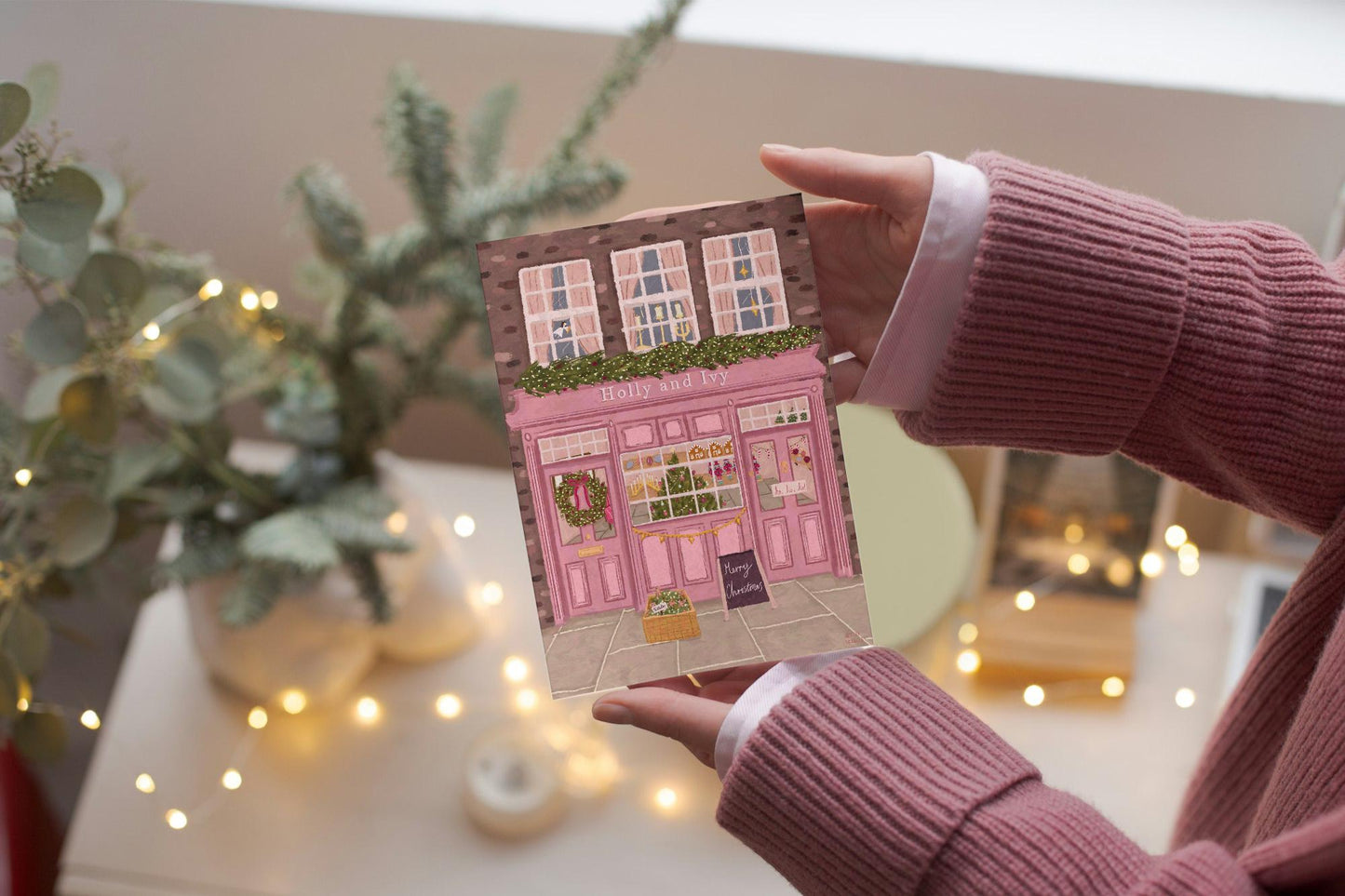 Christmas Shop Christmas Card 5x7inch, Christmas Card, Christmas Store, Christmas Tree Card, Christmas Card Pack, Xmas cards, Pink Christmas