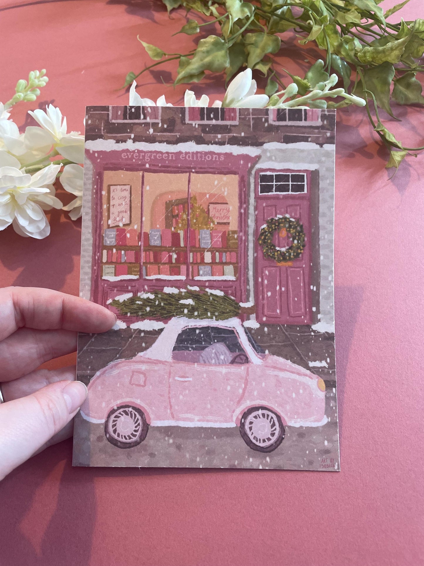 Christmas Scene Card 5x7inch, Xmas Card, Pink Christmas Living Room Greeting Card, Vibrant Christmas Tree Card, Fireplace Xmas Card