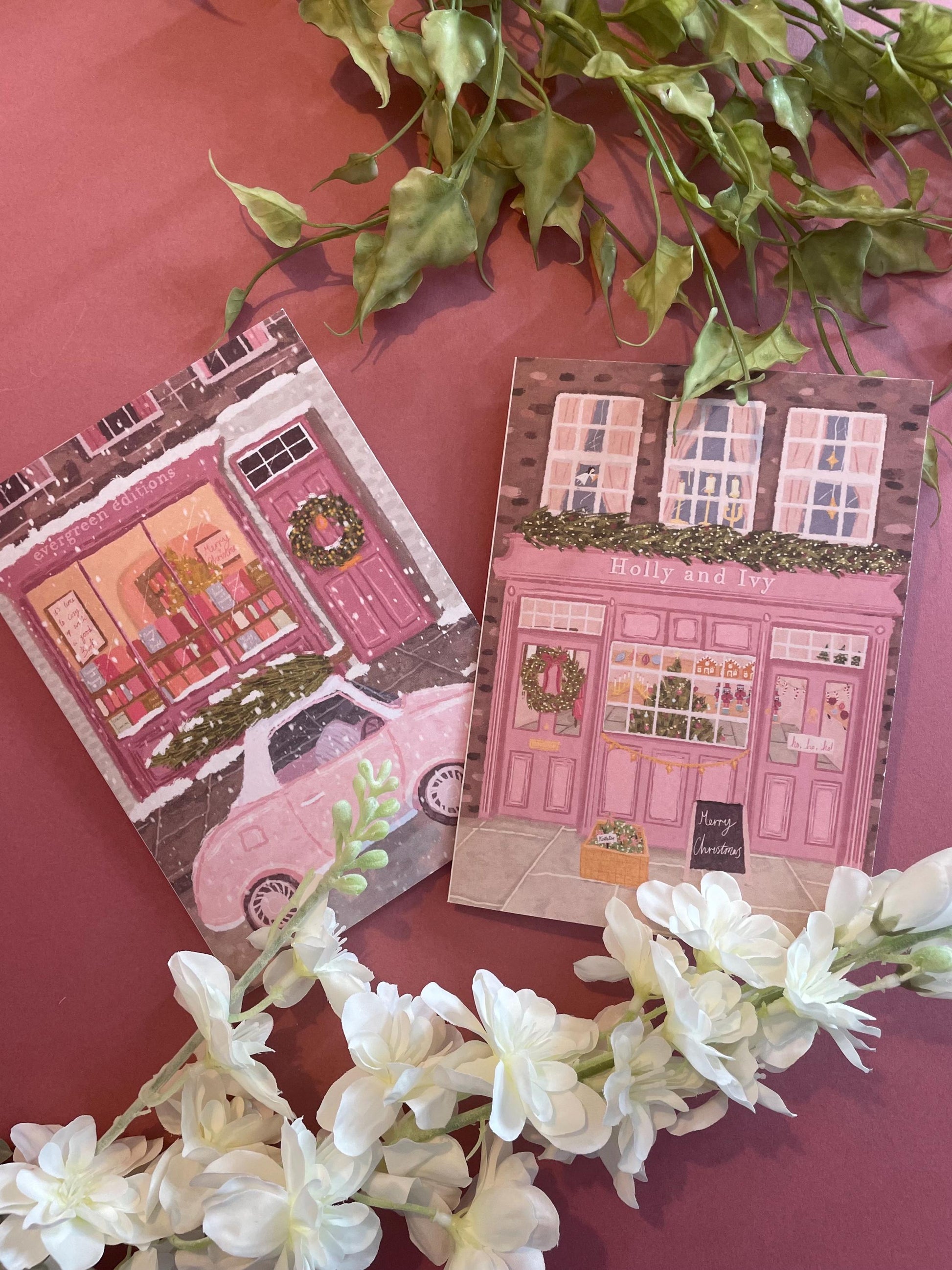 Christmas Card Pack Of 10, Twin Pack, Book Shop Card 5x7inch, Xmas Card, Pink Christmas Greeting Card, Christmas Tree Card, Book Lover Card