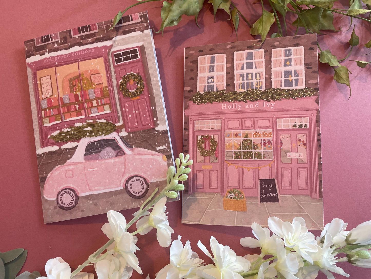Christmas Card Pack Of 10, Twin Pack, Book Shop Card 5x7inch, Xmas Card, Pink Christmas Greeting Card, Christmas Tree Card, Book Lover Card