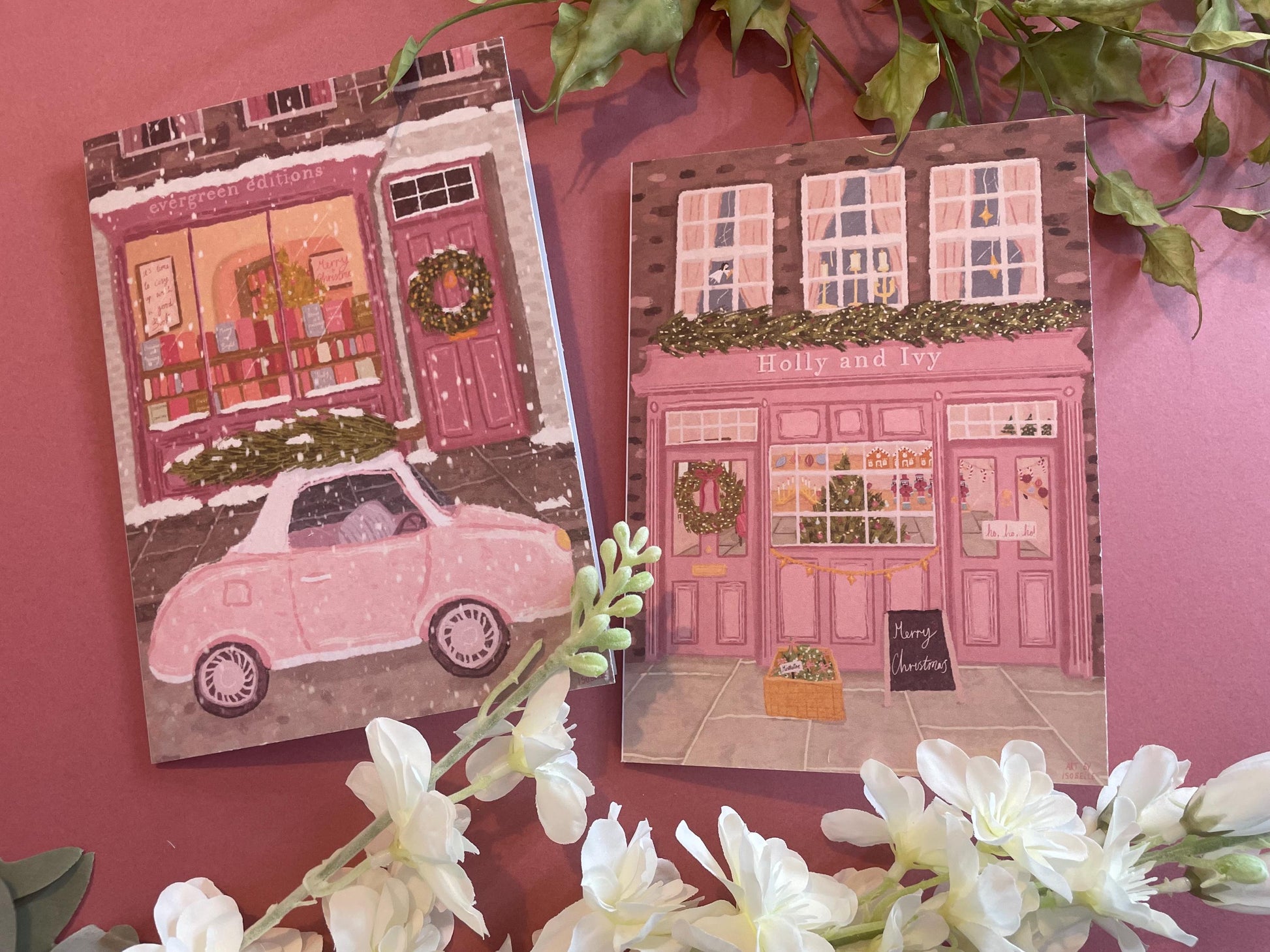 Christmas Card Pack Of 10, Twin Pack, Book Shop Card 5x7inch, Xmas Card, Pink Christmas Greeting Card, Christmas Tree Card, Book Lover Card