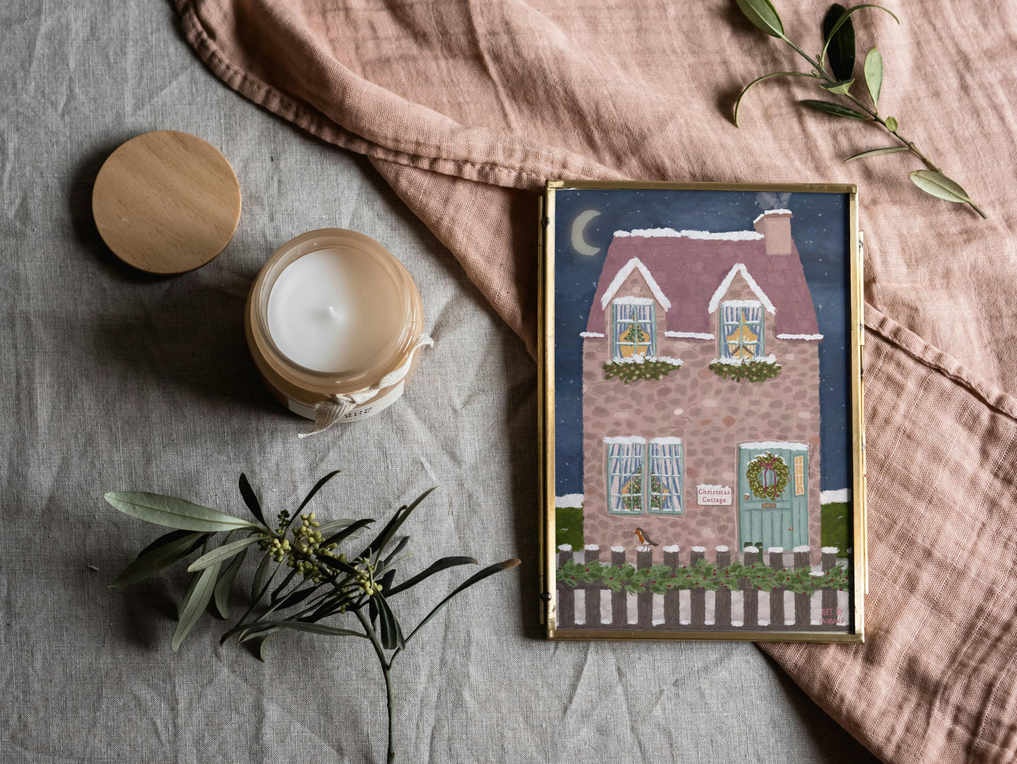 Christmas Cottage Garden Print, Cottagecore Print, English Cottage, Christmas Print, Winter Print, Cosy Home Decor, Whimsical Art