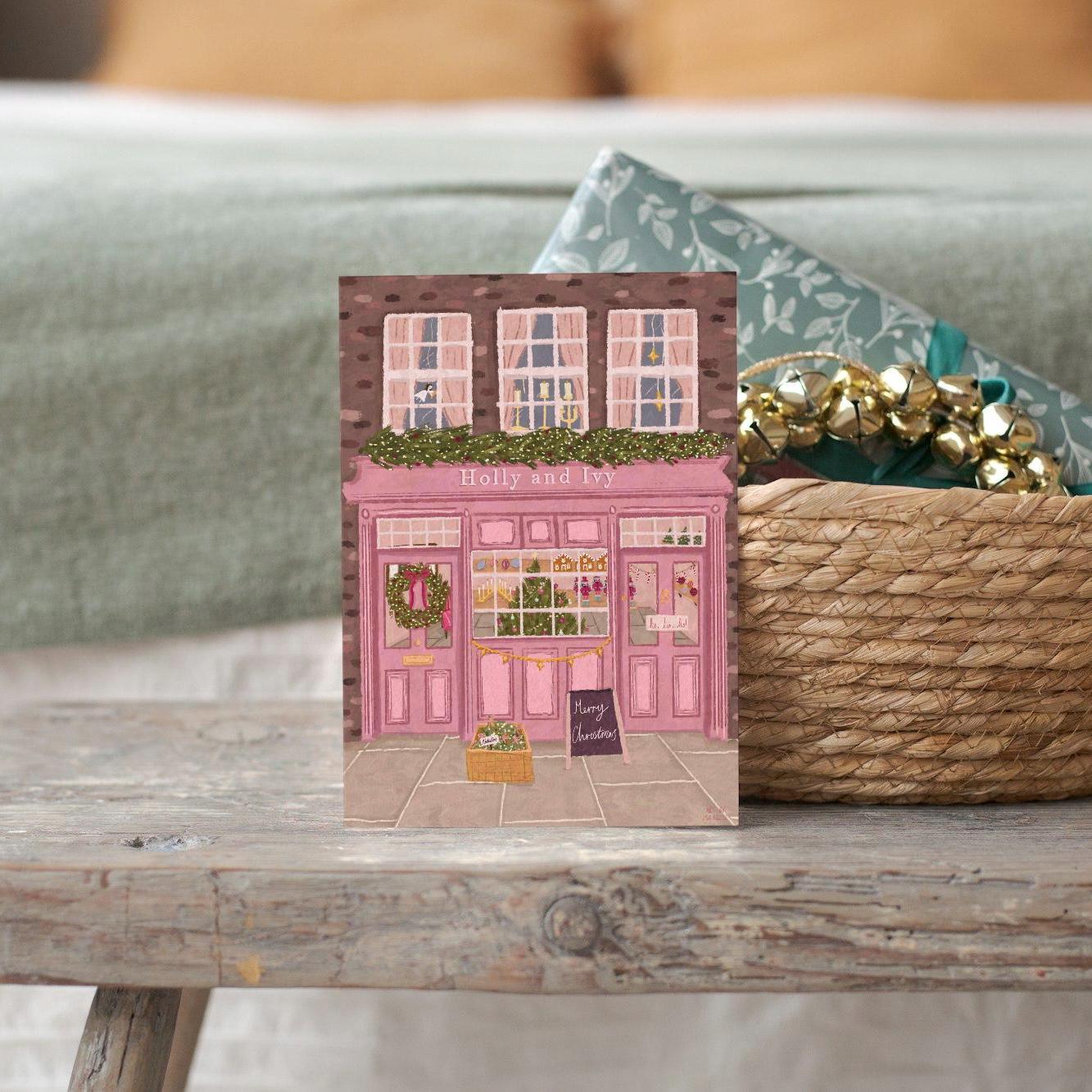 Christmas Shop Christmas Card 5x7inch, Christmas Card, Christmas Store, Christmas Tree Card, Christmas Card Pack, Xmas cards, Pink Christmas