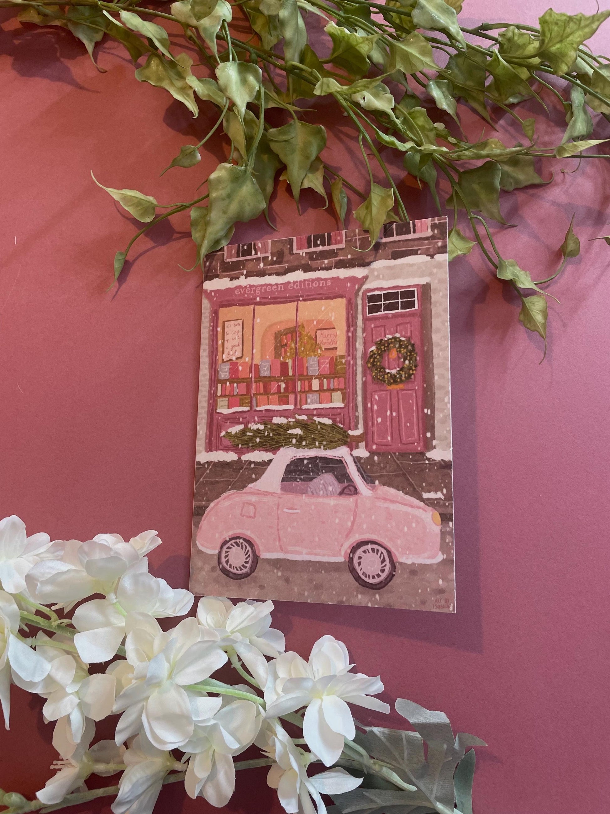 Christmas Scene Card 5x7inch, Xmas Card, Pink Christmas Living Room Greeting Card, Vibrant Christmas Tree Card, Fireplace Xmas Card