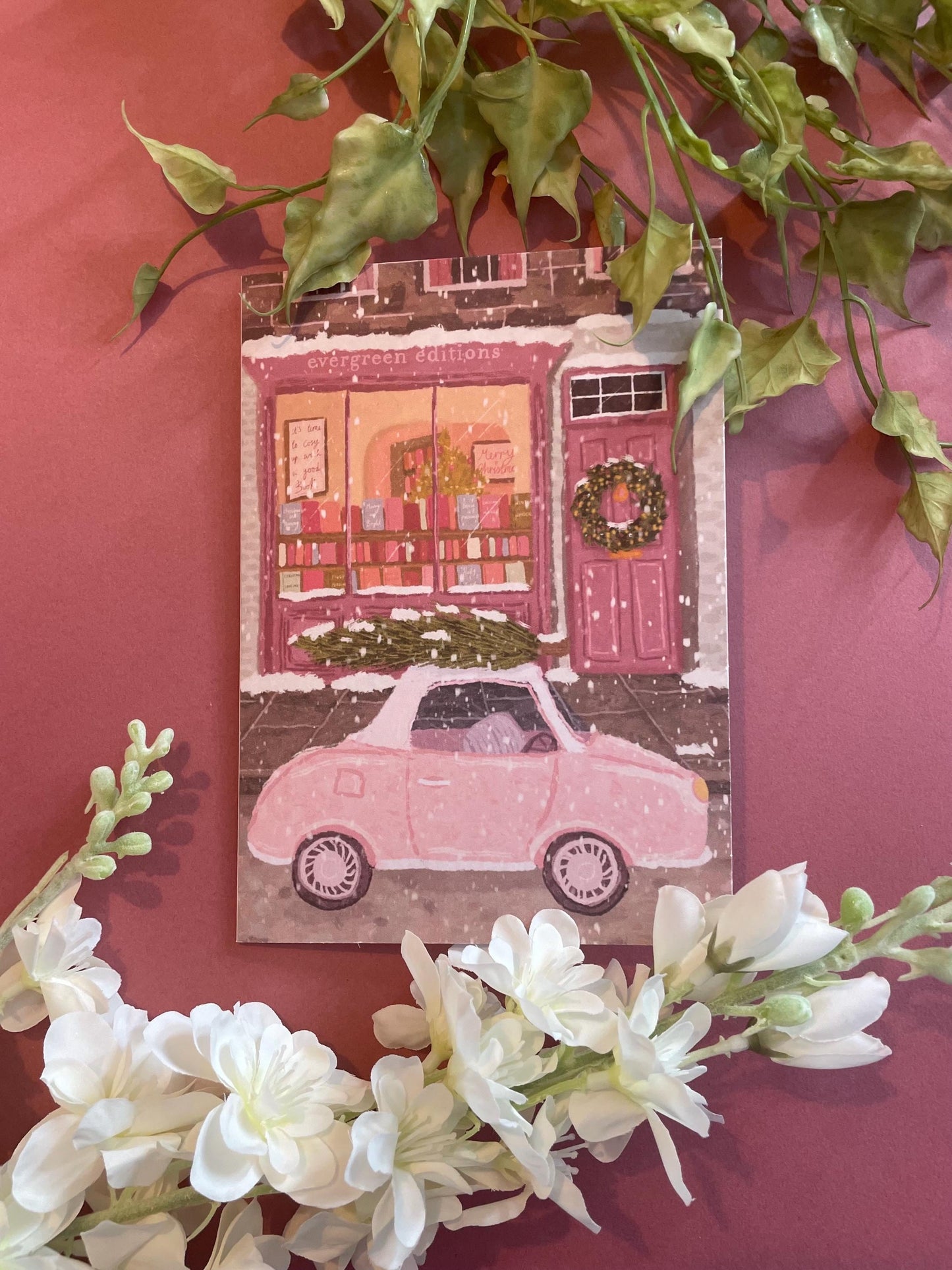 Christmas Card Pack Of 10, Twin Pack, Book Shop Card 5x7inch, Xmas Card, Pink Christmas Greeting Card, Christmas Tree Card, Book Lover Card