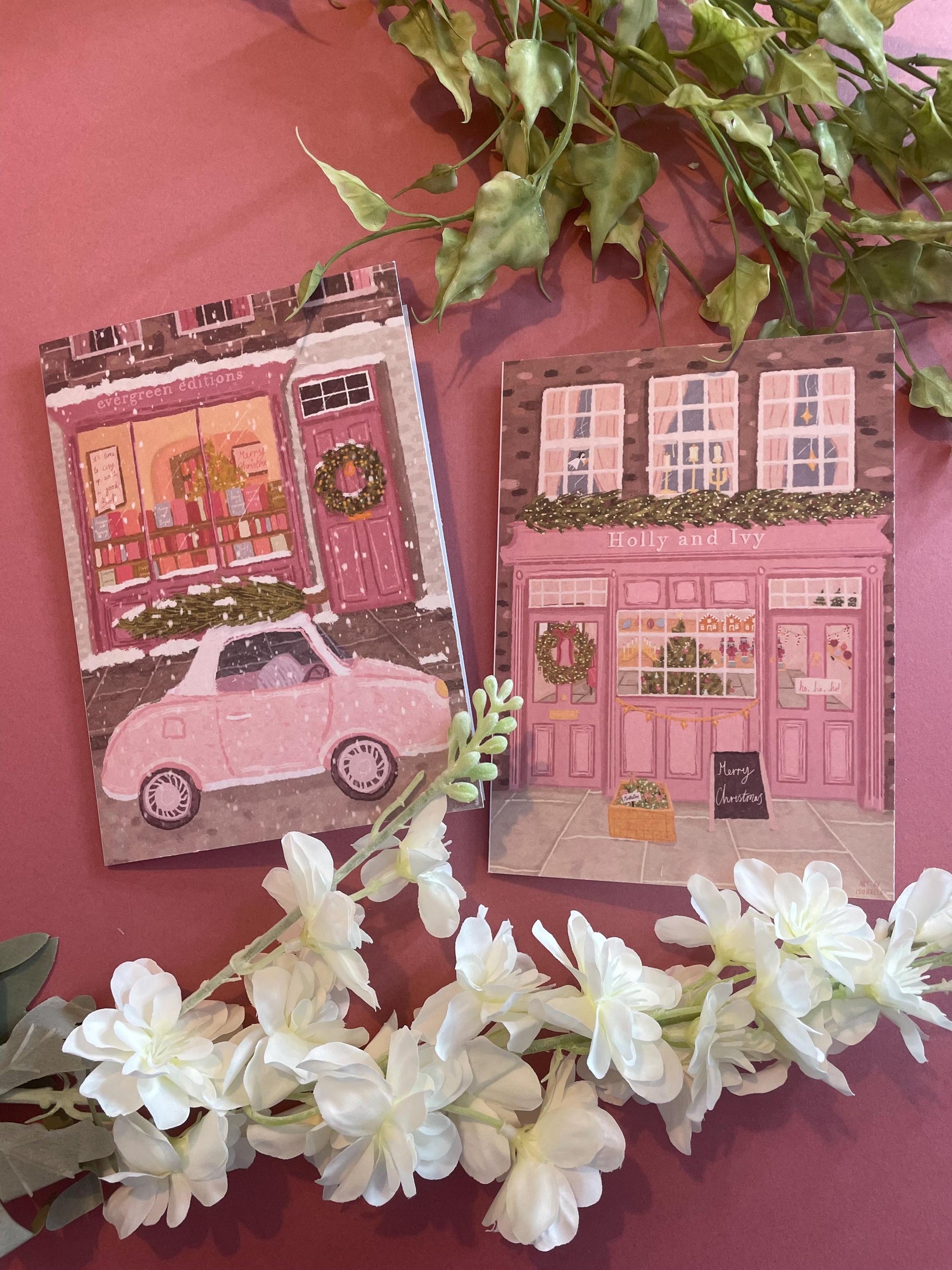 Christmas Card Pack Of 10, Twin Pack, Book Shop Card 5x7inch, Xmas Card, Pink Christmas Greeting Card, Christmas Tree Card, Book Lover Card