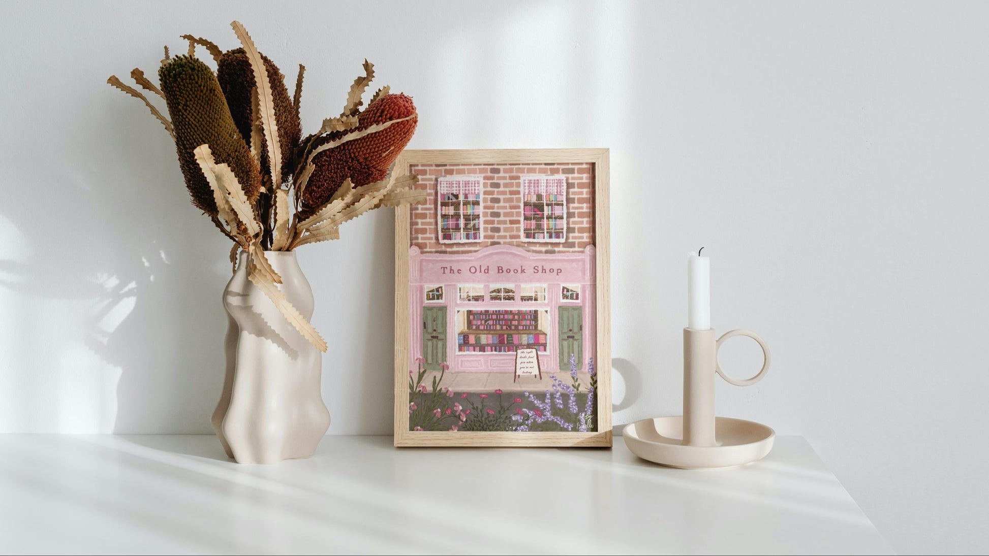 The Old Book Shop Print, Bookshop art, Book art print, Reading art print, Bookworm art, Books art print, Pink Art, Floral Art, Book Lover