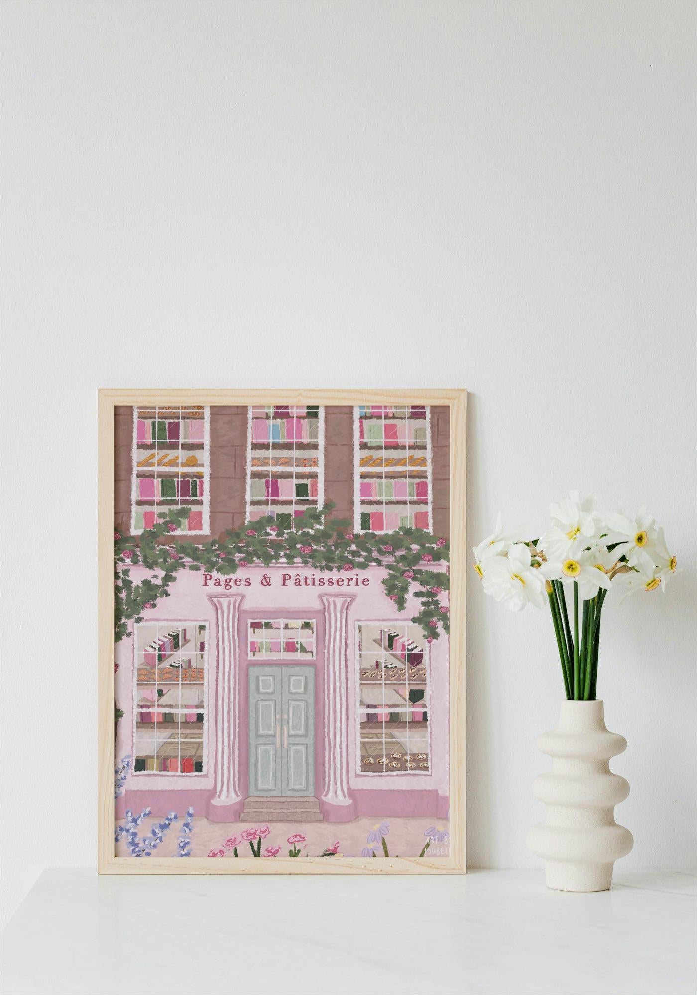 Bookshop and Bakery Art Print | Parisian Patisserie Illustration | Whimsical Storybook Shop Wall Art | Pink Floral Print for Home