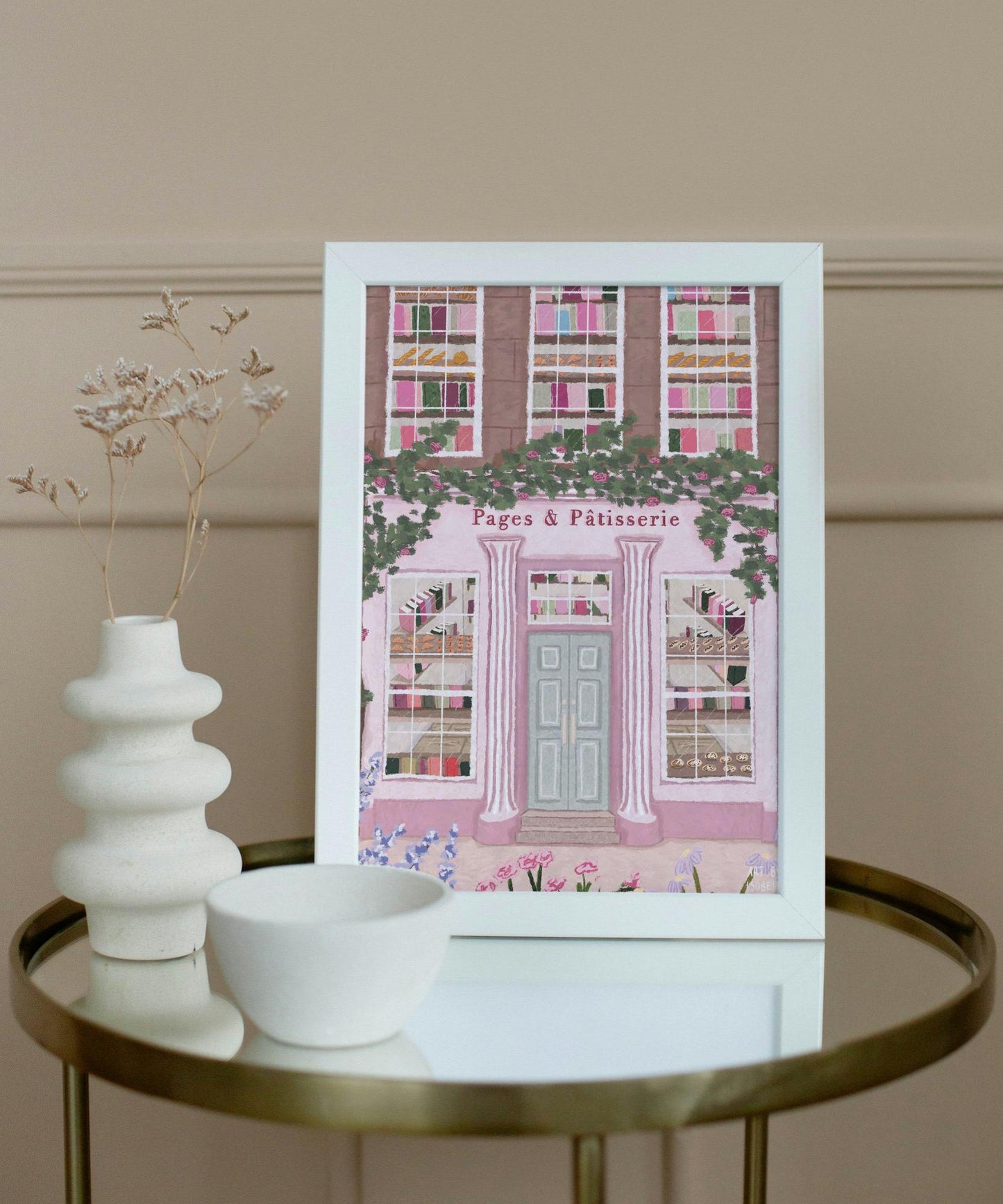 Bookshop and Bakery Art Print | Parisian Patisserie Illustration | Whimsical Storybook Shop Wall Art | Pink Floral Print for Home