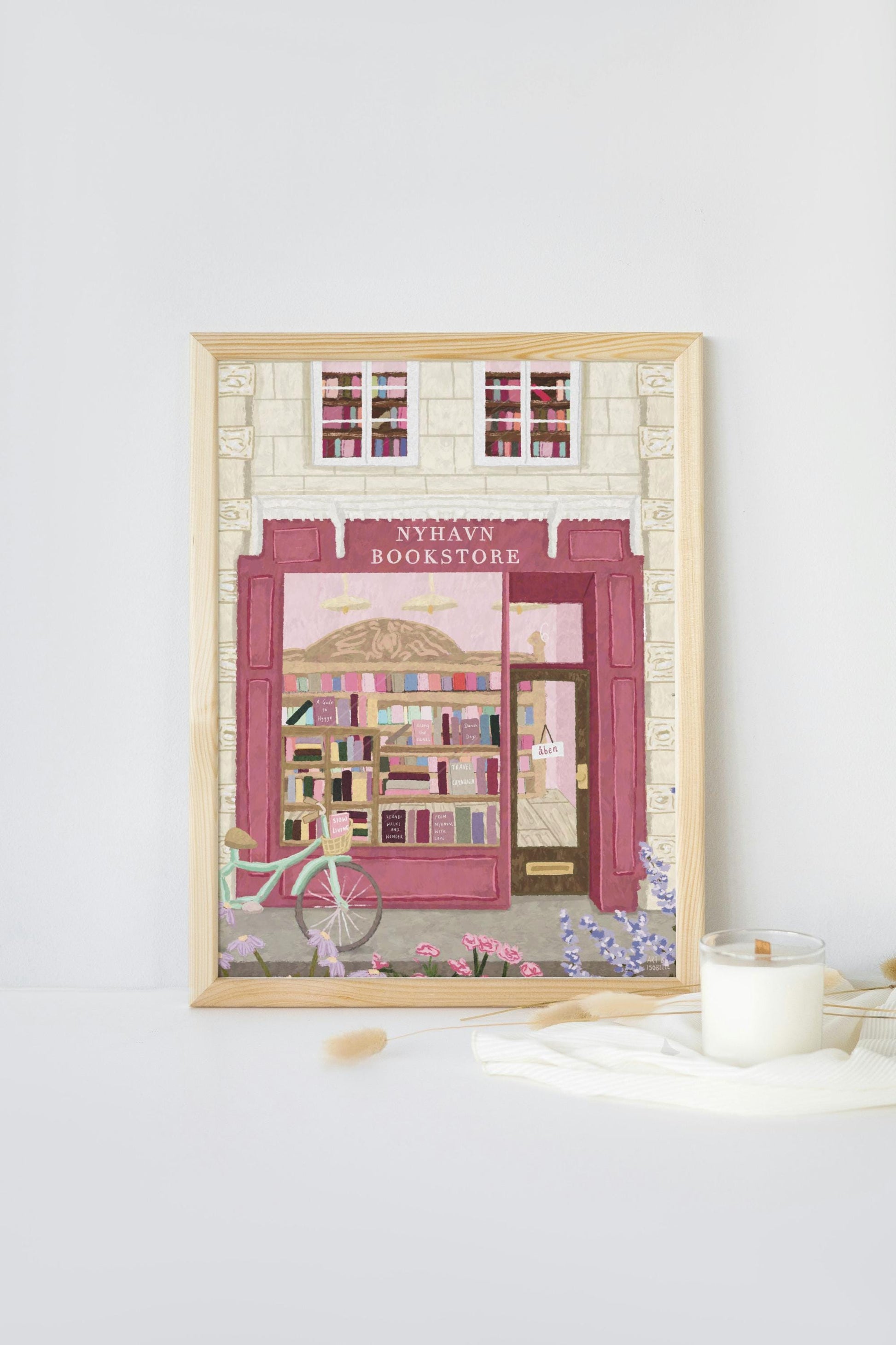 Copenhagen Art Print, Nyhavn Bookstore Illustration, Danish Wall Art, Hygge Travel Print, Bookshop Decor, Pastel City Print, Book Lover Gift