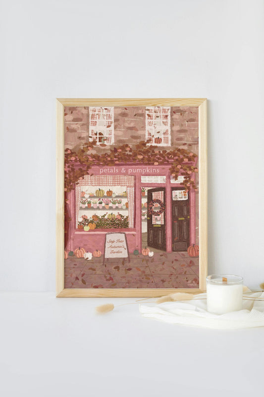 Cosy Autumn Shop Print: Cosy Fall Pumpkin and Flower Shop