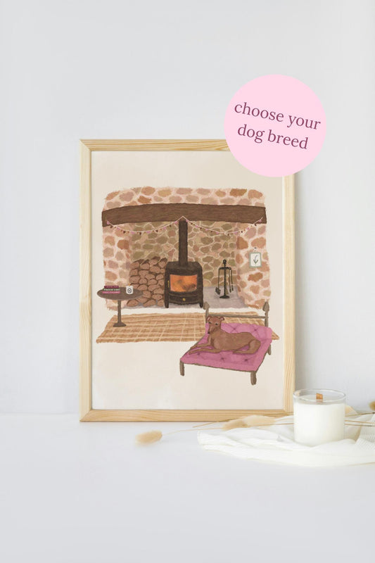 Personalised Dog Breed Print: Cosy Cottage Fireplace Decor