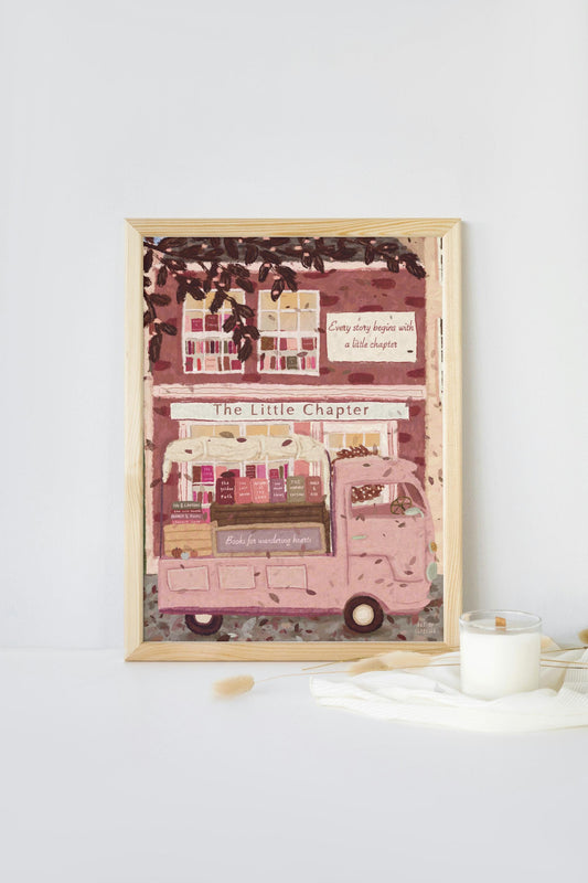Pink Bookshop Art Print: Cosy Whimsical Reading Decor