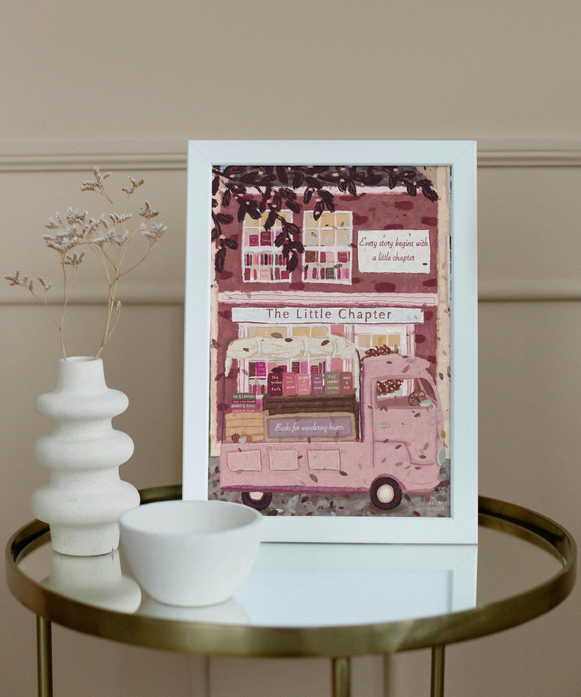 Pink Bookshop Art Print: Cosy Whimsical Reading Decor