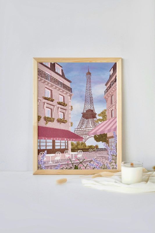 Eiffel Tower Paris Art Print, Parisian Home Decor, Paris Travel Print, Cottagecore French Café Illustration, Pastel Pink Travel Print
