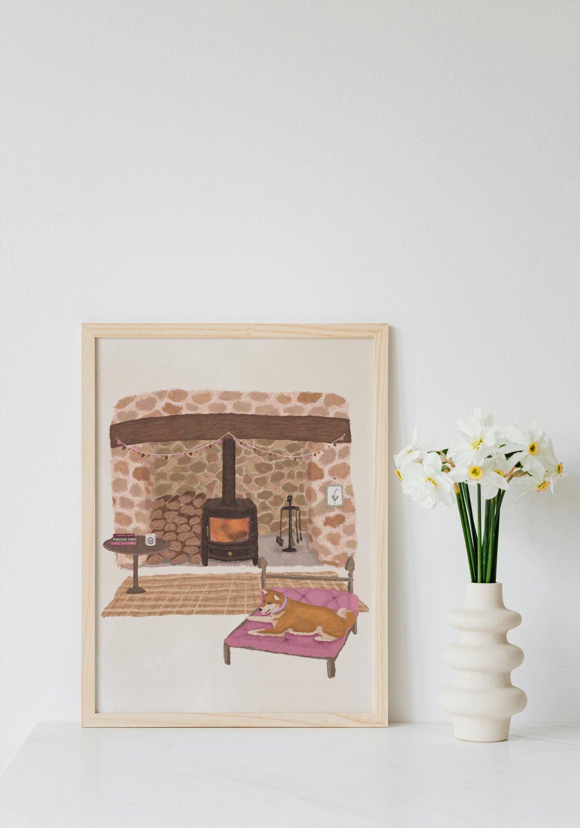 Personalised Dog Breed Print: Cosy Cottage Fireplace Decor
