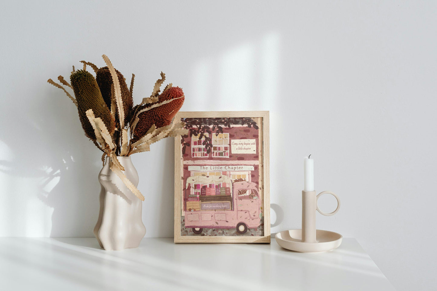 Pink Bookshop Art Print: Cosy Whimsical Reading Decor