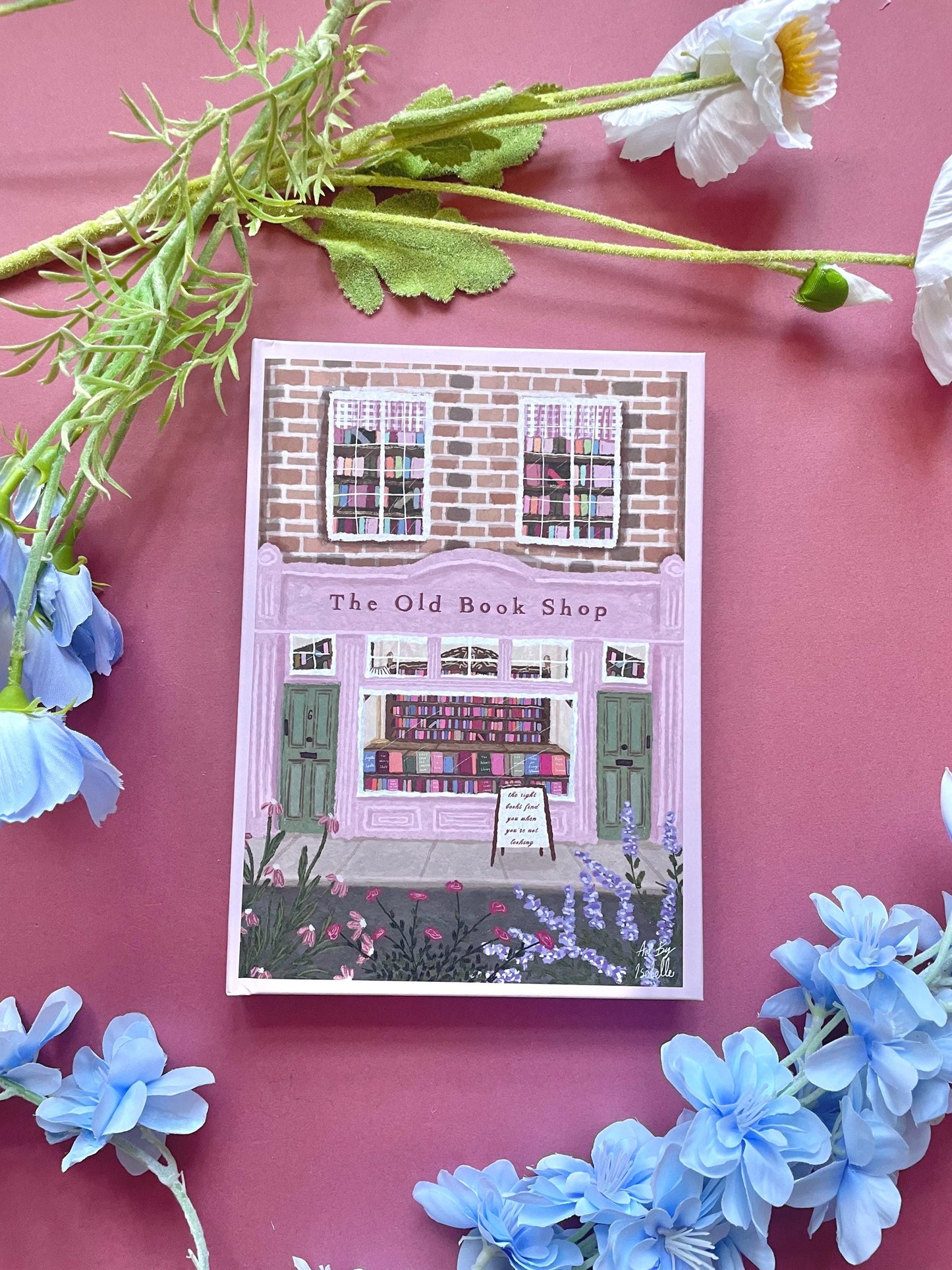 Pink Hardback A5 Notebook, The Old Book Shop Cover, Illustrated Journal, Whimsical Stationery Gift