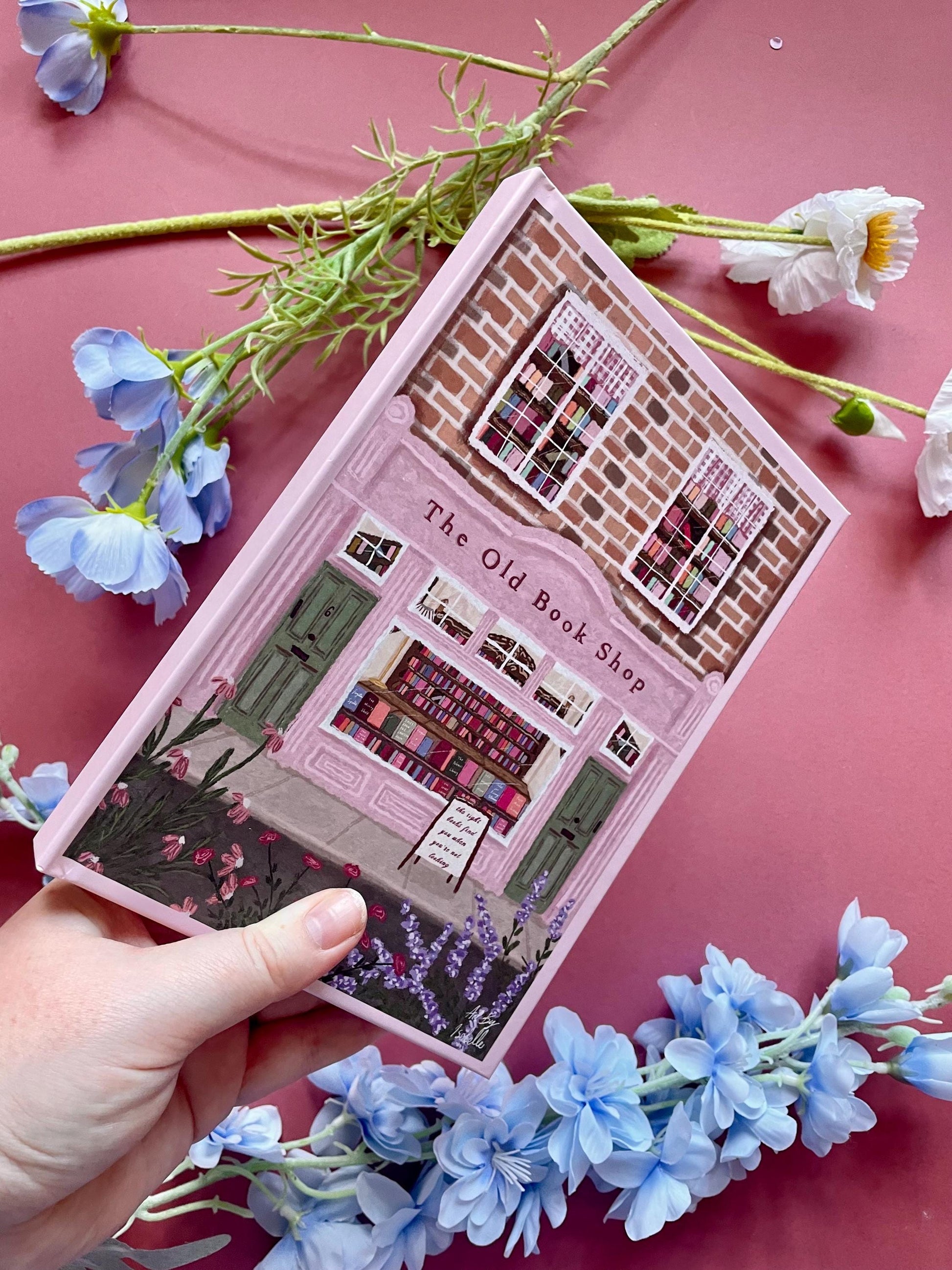 Pink Hardback A5 Notebook, The Old Book Shop Cover, Illustrated Journal, Whimsical Stationery Gift