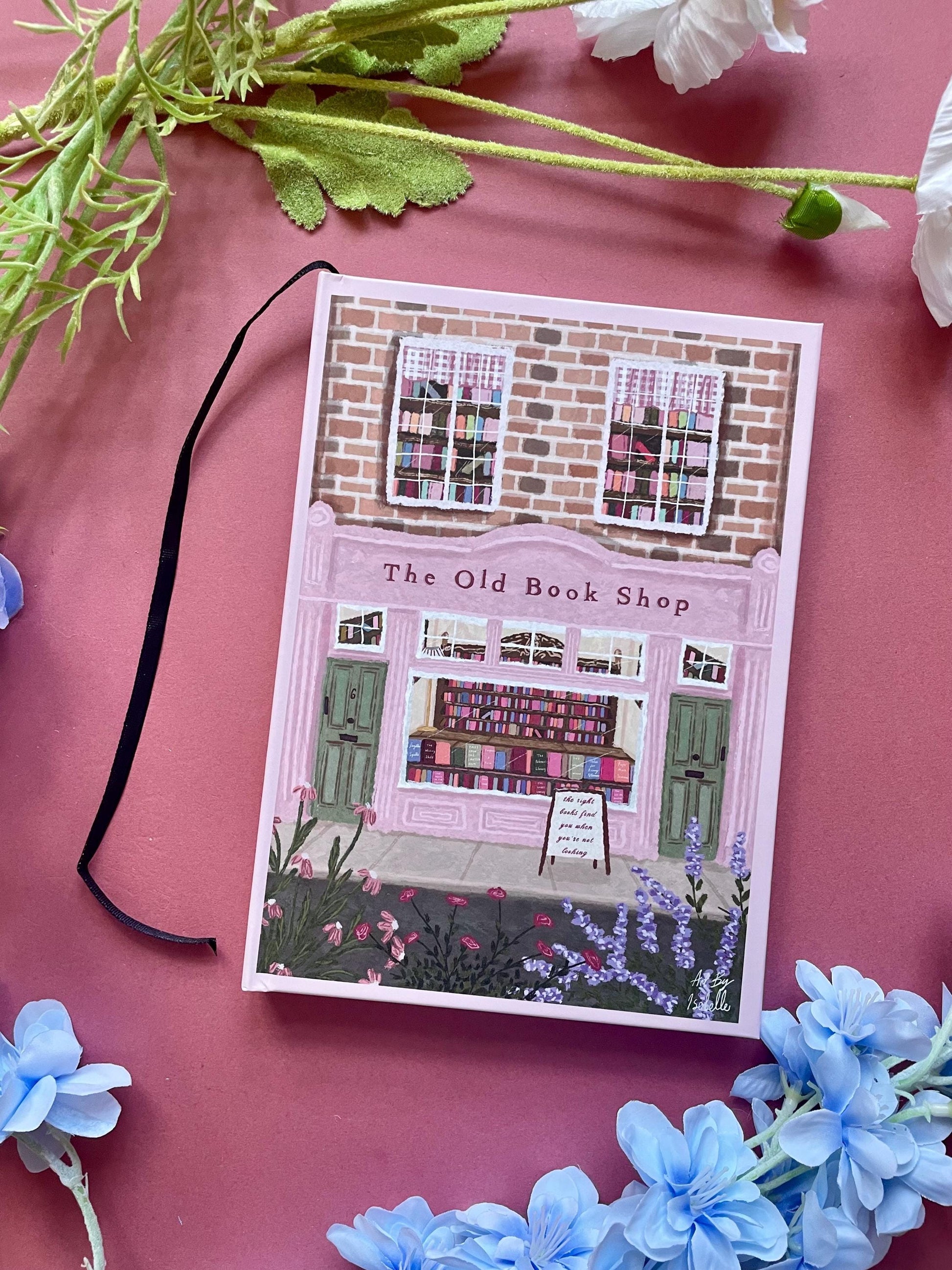 Pink Hardback A5 Notebook, The Old Book Shop Cover, Illustrated Journal, Whimsical Stationery Gift