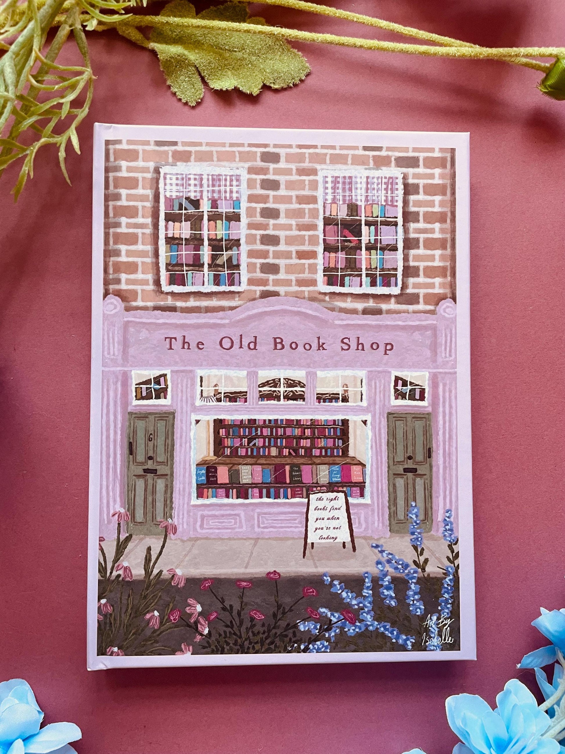 Pink Hardback A5 Notebook, The Old Book Shop Cover, Illustrated Journal, Whimsical Stationery Gift