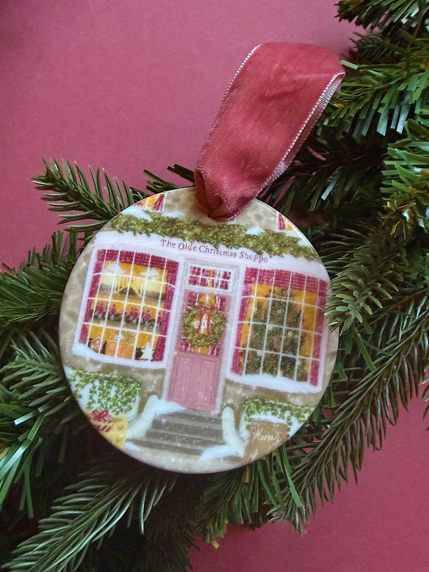 Ceramic Hanging Decoration – Double-Sided Shop Illustration, Pink Velvet Ribbon, Cosy Whimsical Vintage Ornament