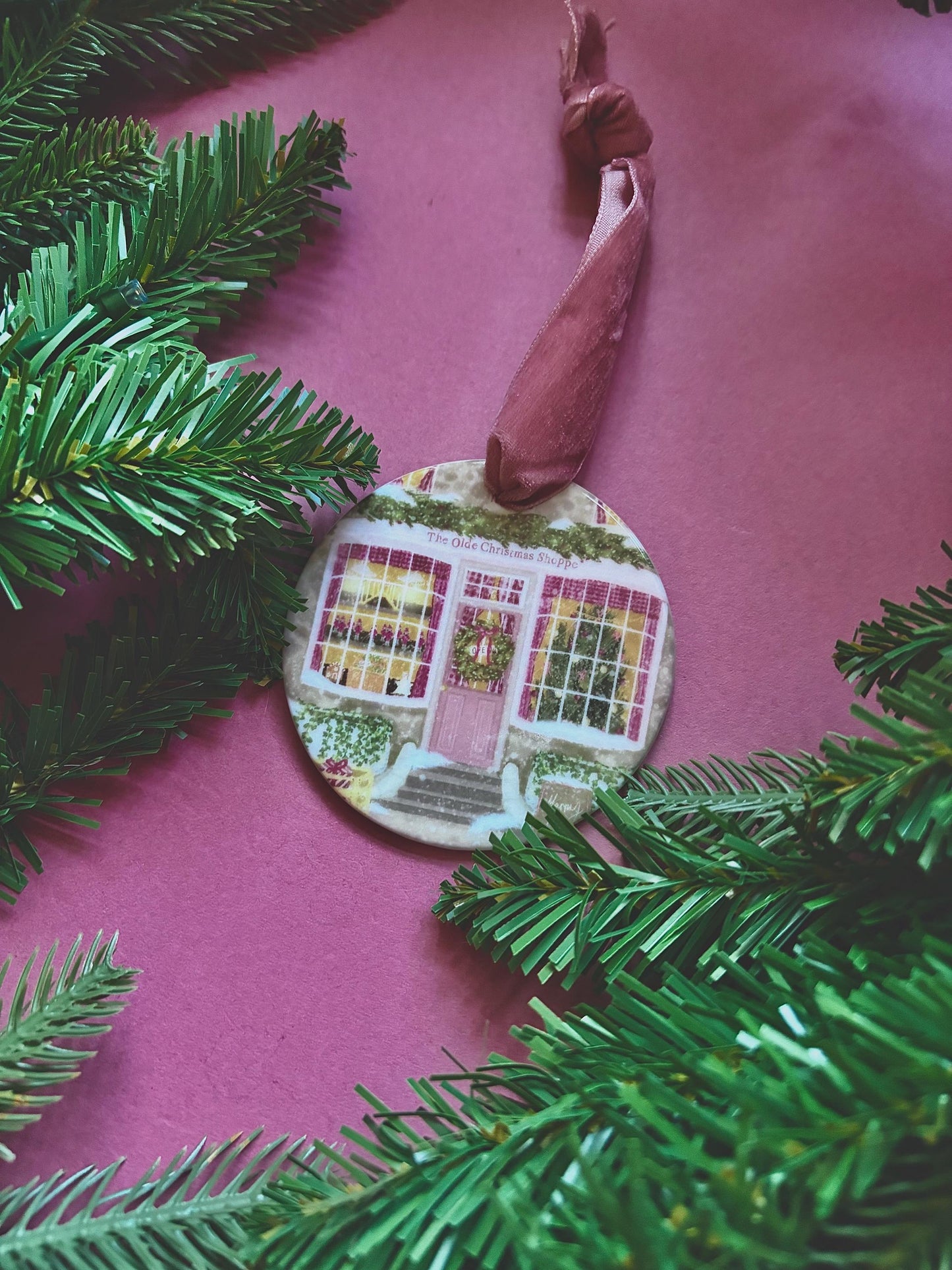 Ceramic Hanging Decoration – Double-Sided Shop Illustration, Pink Velvet Ribbon, Cosy Whimsical Vintage Ornament