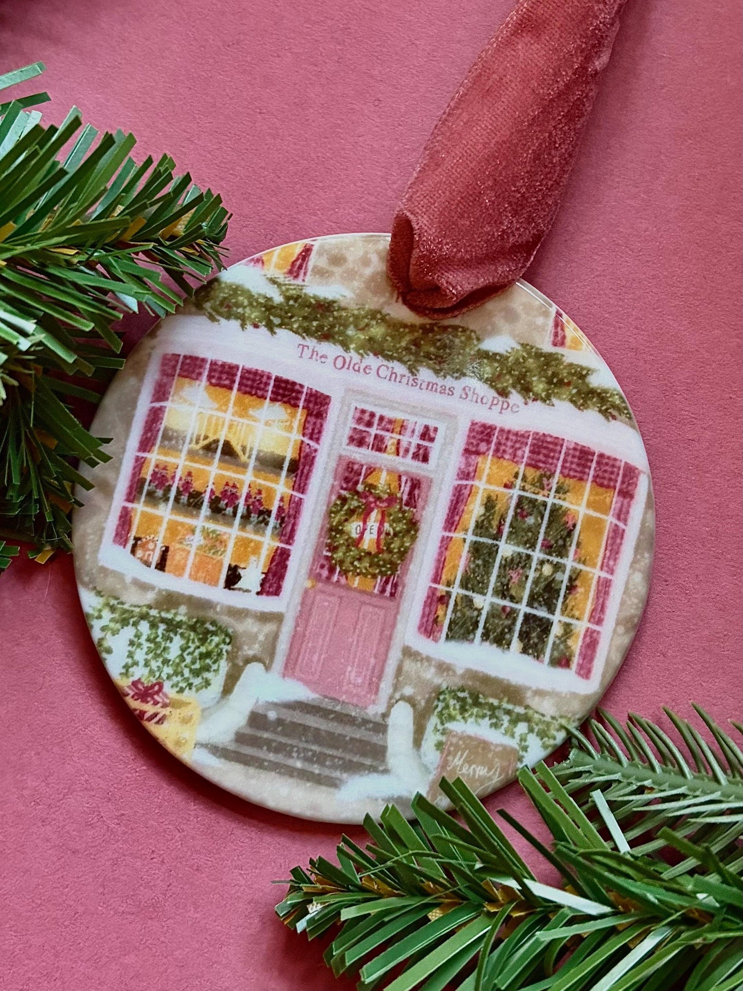 Ceramic Hanging Decoration – Double-Sided Shop Illustration, Pink Velvet Ribbon, Cosy Whimsical Vintage Ornament