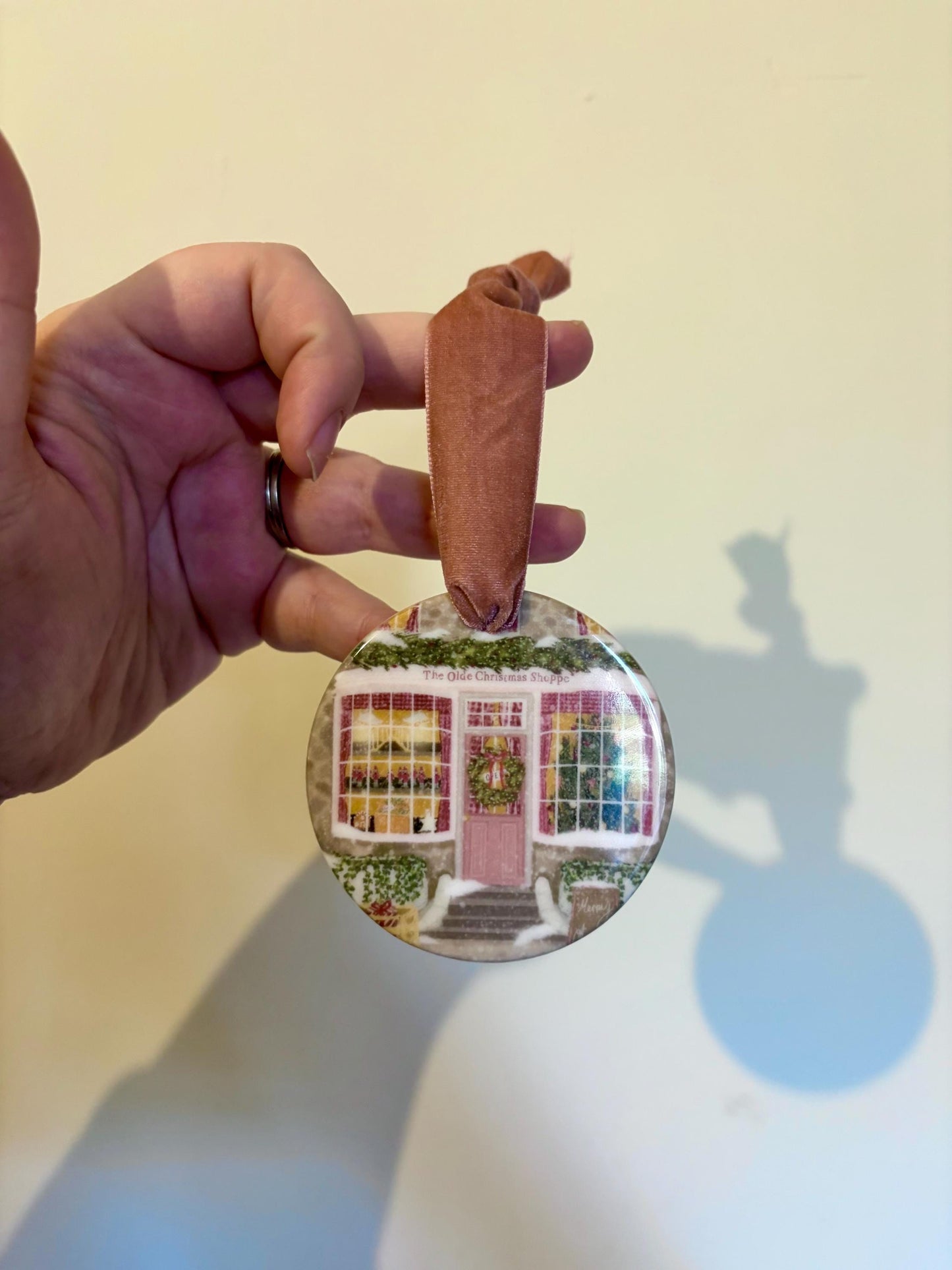 Ceramic Hanging Decoration – Double-Sided Shop Illustration, Pink Velvet Ribbon, Cosy Whimsical Vintage Ornament