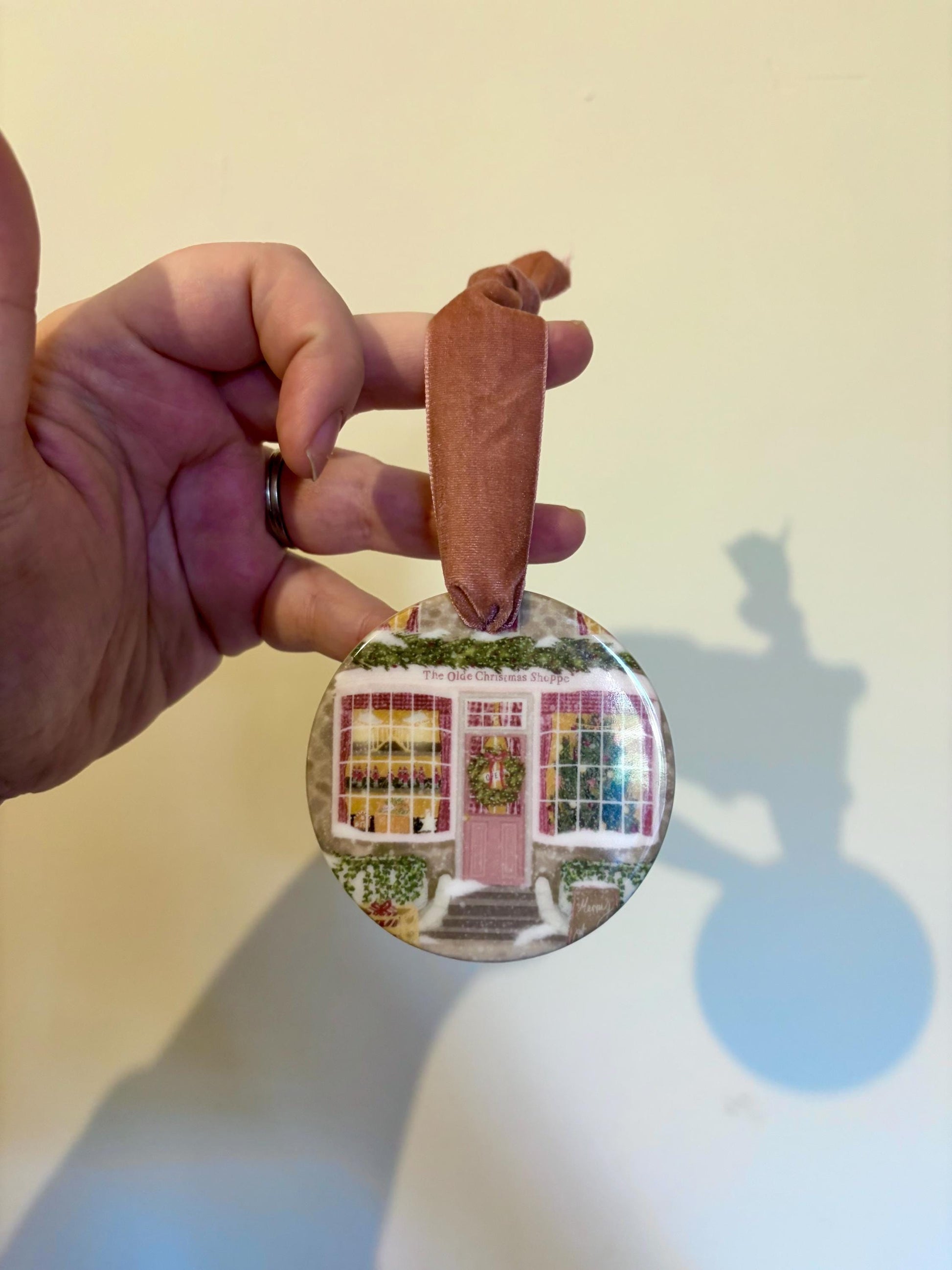 Ceramic Hanging Decoration – Double-Sided Shop Illustration, Pink Velvet Ribbon, Cosy Whimsical Vintage Ornament