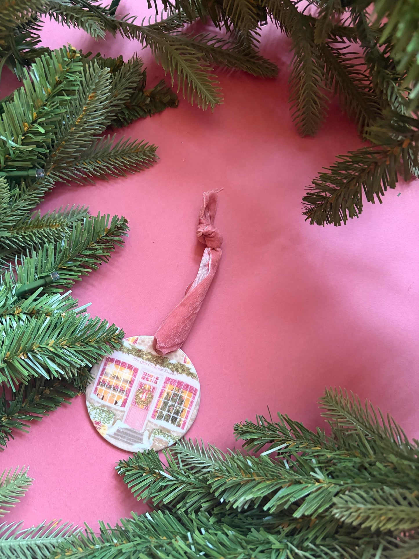 Ceramic Hanging Decoration – Double-Sided Shop Illustration, Pink Velvet Ribbon, Cosy Whimsical Vintage Ornament