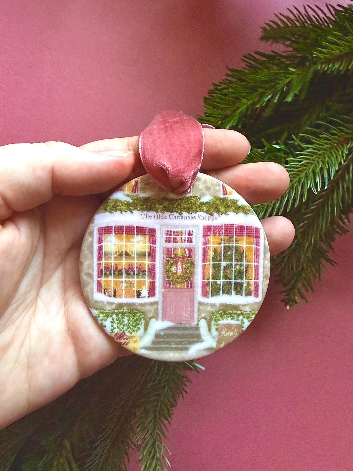 Ceramic Hanging Decoration – Double-Sided Shop Illustration, Pink Velvet Ribbon, Cosy Whimsical Vintage Ornament