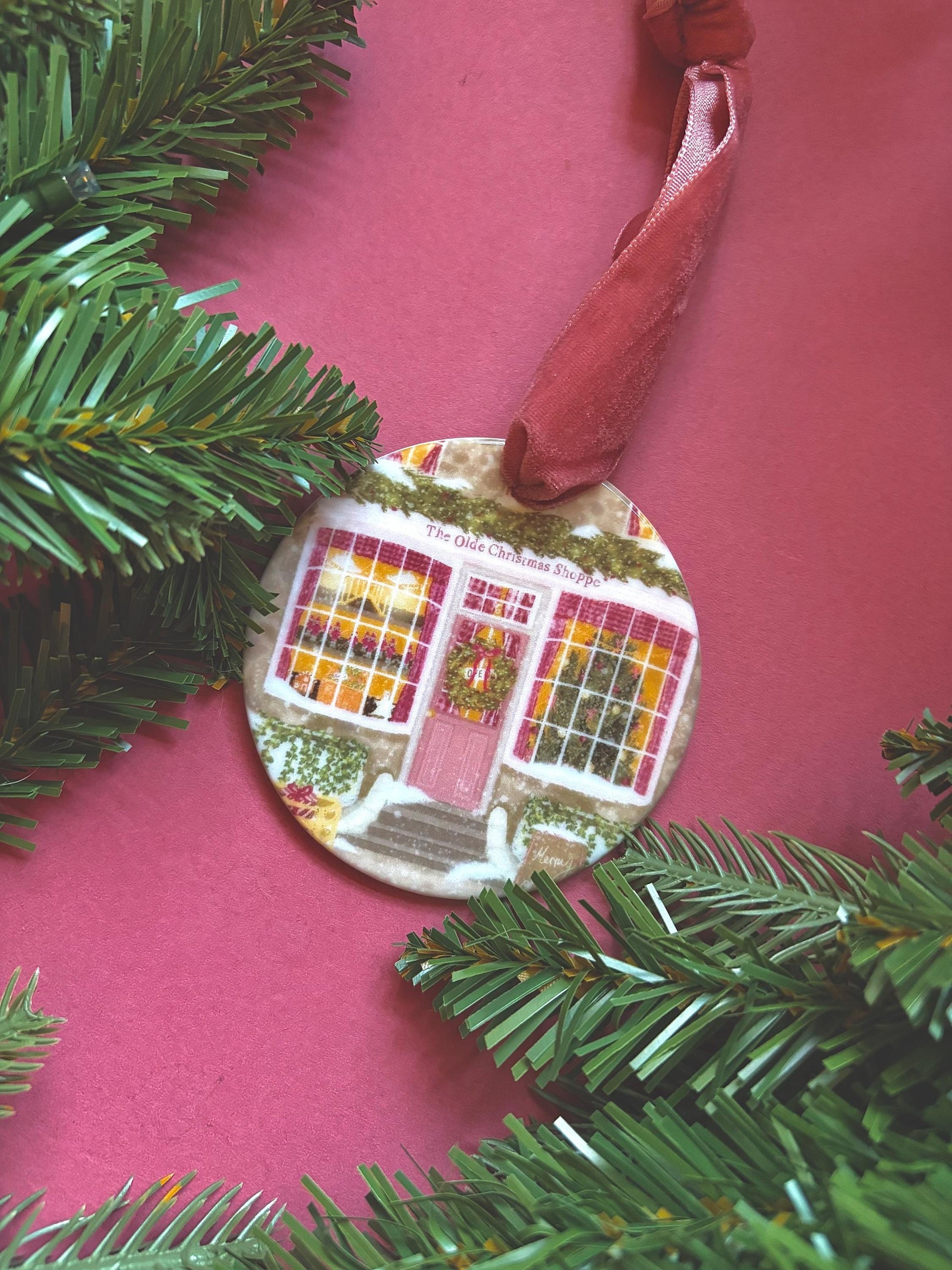 Ceramic Hanging Decoration – Double-Sided Shop Illustration, Pink Velvet Ribbon, Cosy Whimsical Vintage Ornament
