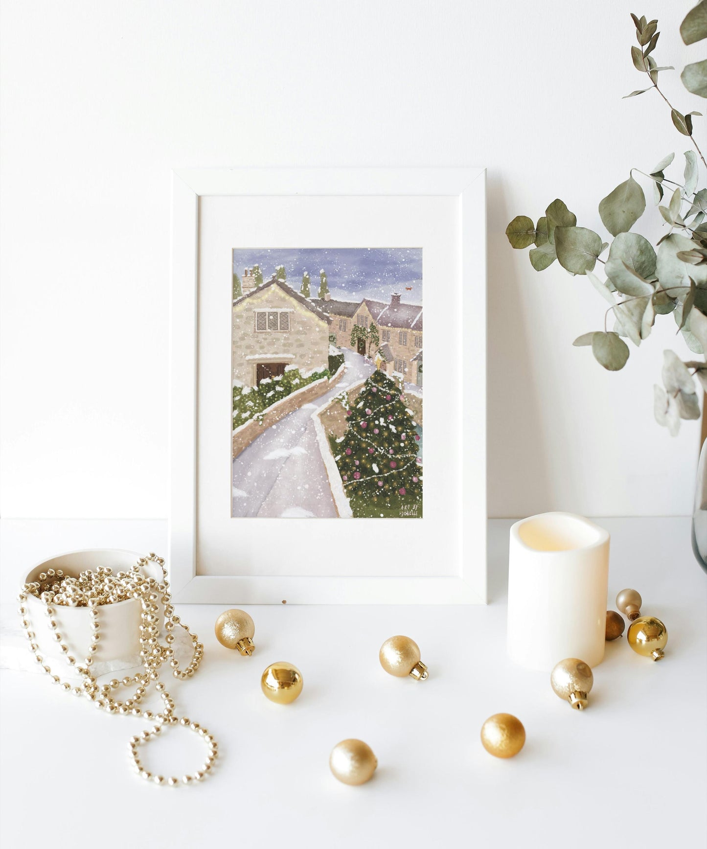 Castle Combe Christmas Art Print | Snowy Cotswolds Wall Art | Whimsical Winter Village Illustration | Cottagecore Christmas Decor