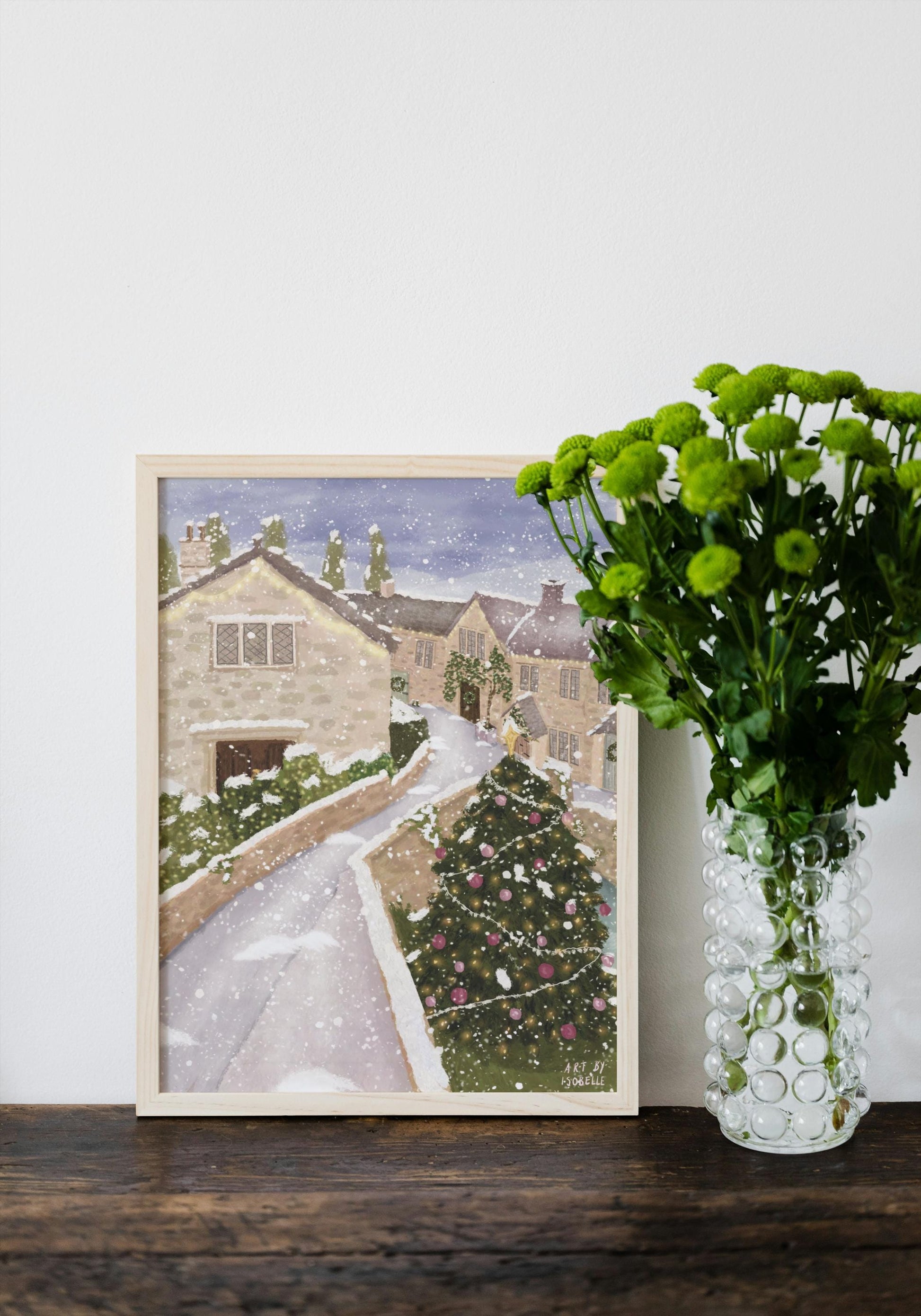 Castle Combe Christmas Art Print | Snowy Cotswolds Wall Art | Whimsical Winter Village Illustration | Cottagecore Christmas Decor
