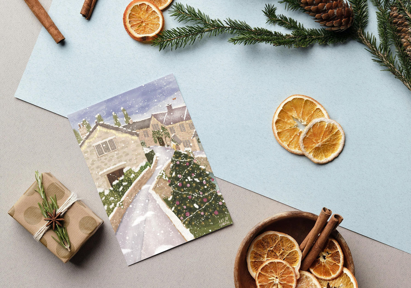 Castle Combe Christmas Art Print | Snowy Cotswolds Wall Art | Whimsical Winter Village Illustration | Cottagecore Christmas Decor