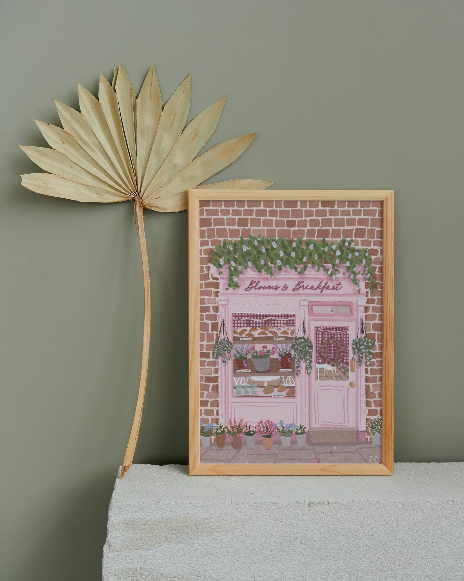 Blooms & Breakfast Art Print | Pink Floral Café Illustration | Kitchen Wall Art | Feminine Home Decor | Gift for Her