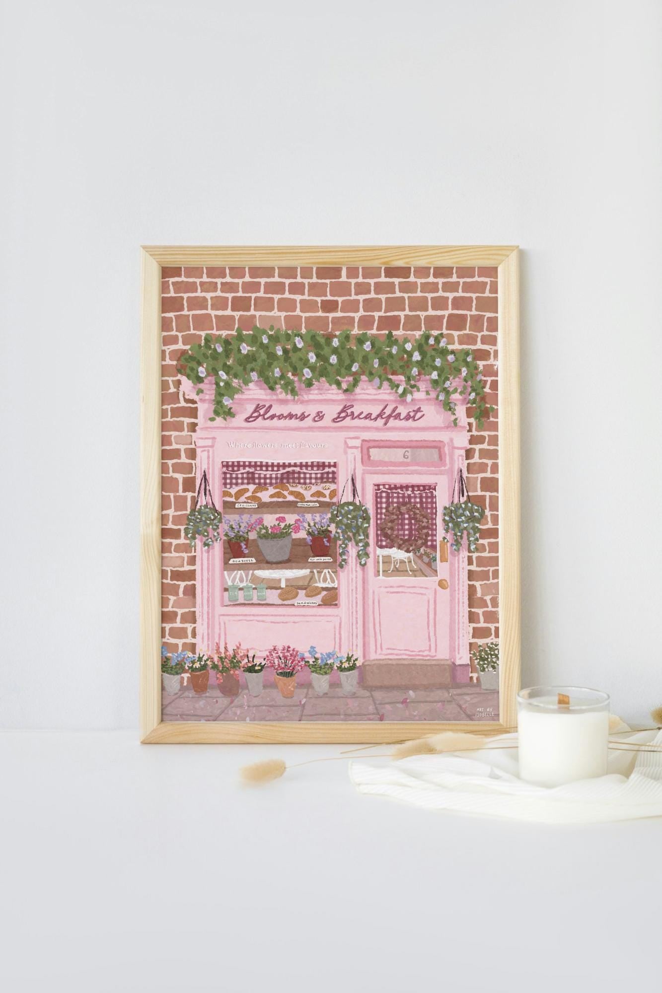 Blooms & Breakfast Art Print | Pink Floral Café Illustration | Kitchen Wall Art | Feminine Home Decor | Gift for Her