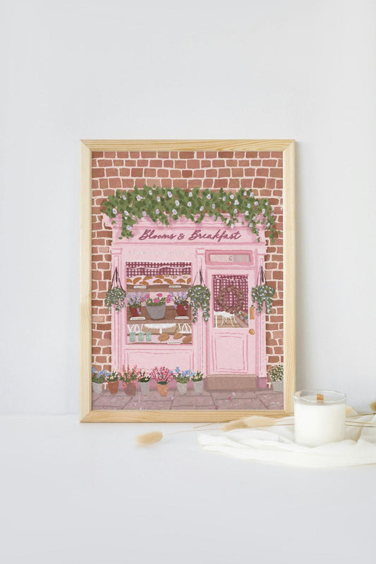 Blooms & Breakfast Art Print | Pink Floral Café Illustration | Kitchen Wall Art | Feminine Home Decor | Gift for Her