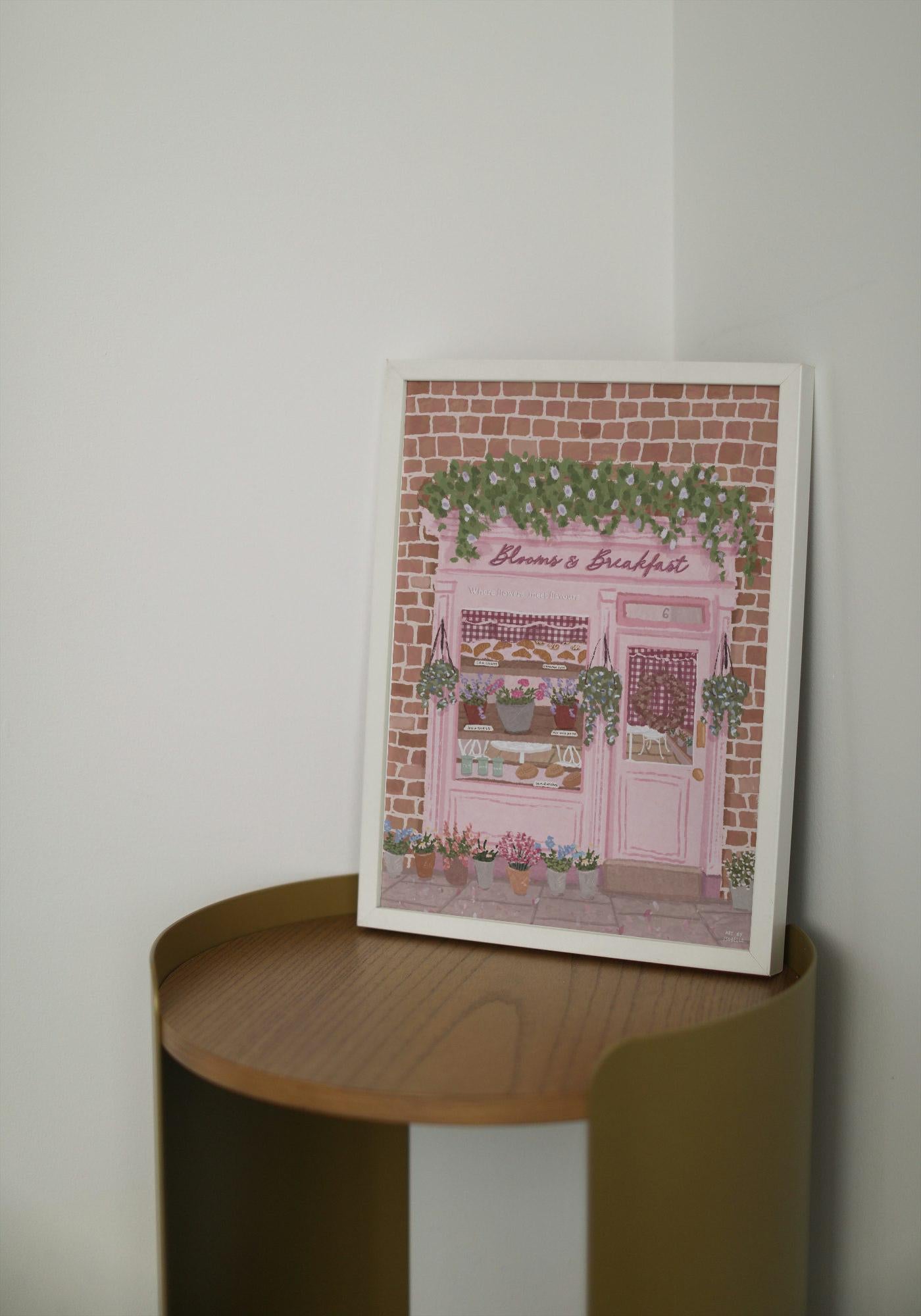 Blooms & Breakfast Art Print | Pink Floral Café Illustration | Kitchen Wall Art | Feminine Home Decor | Gift for Her