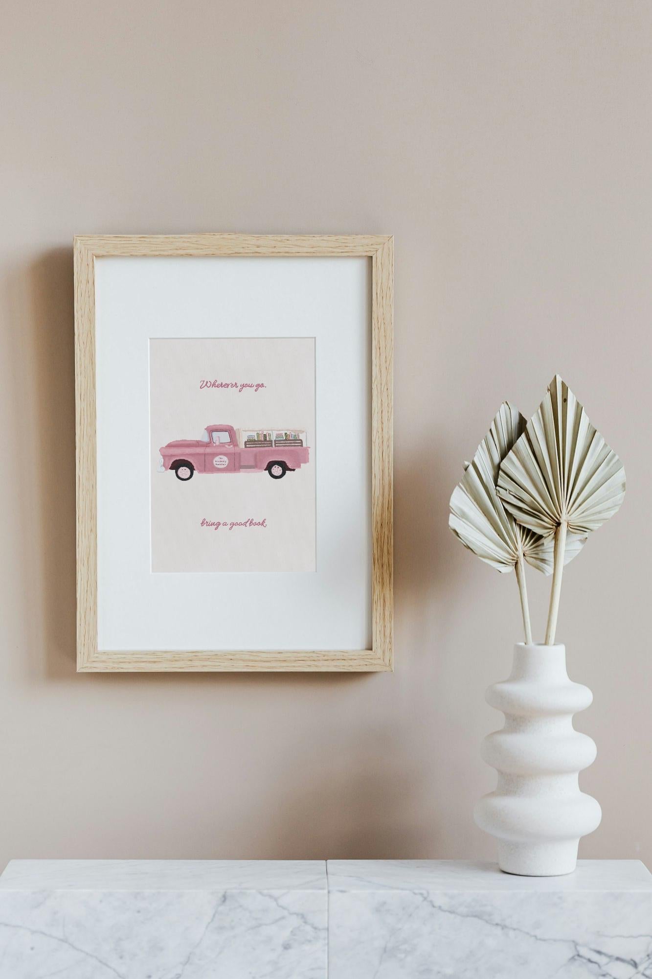 Whimsical Book Truck Art Print | Pink Book Illustration | Book Lover Wall Decor | Dreamy Bookish Home Art