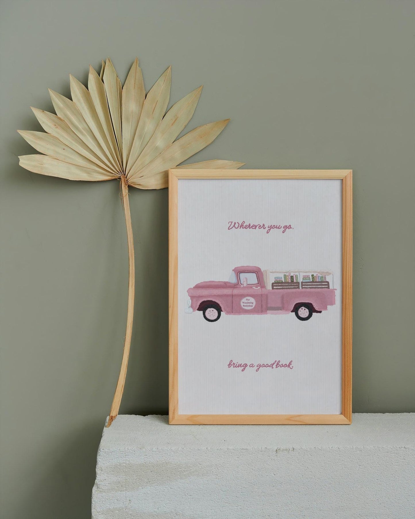 Whimsical Book Truck Art Print | Pink Book Illustration | Book Lover Wall Decor | Dreamy Bookish Home Art