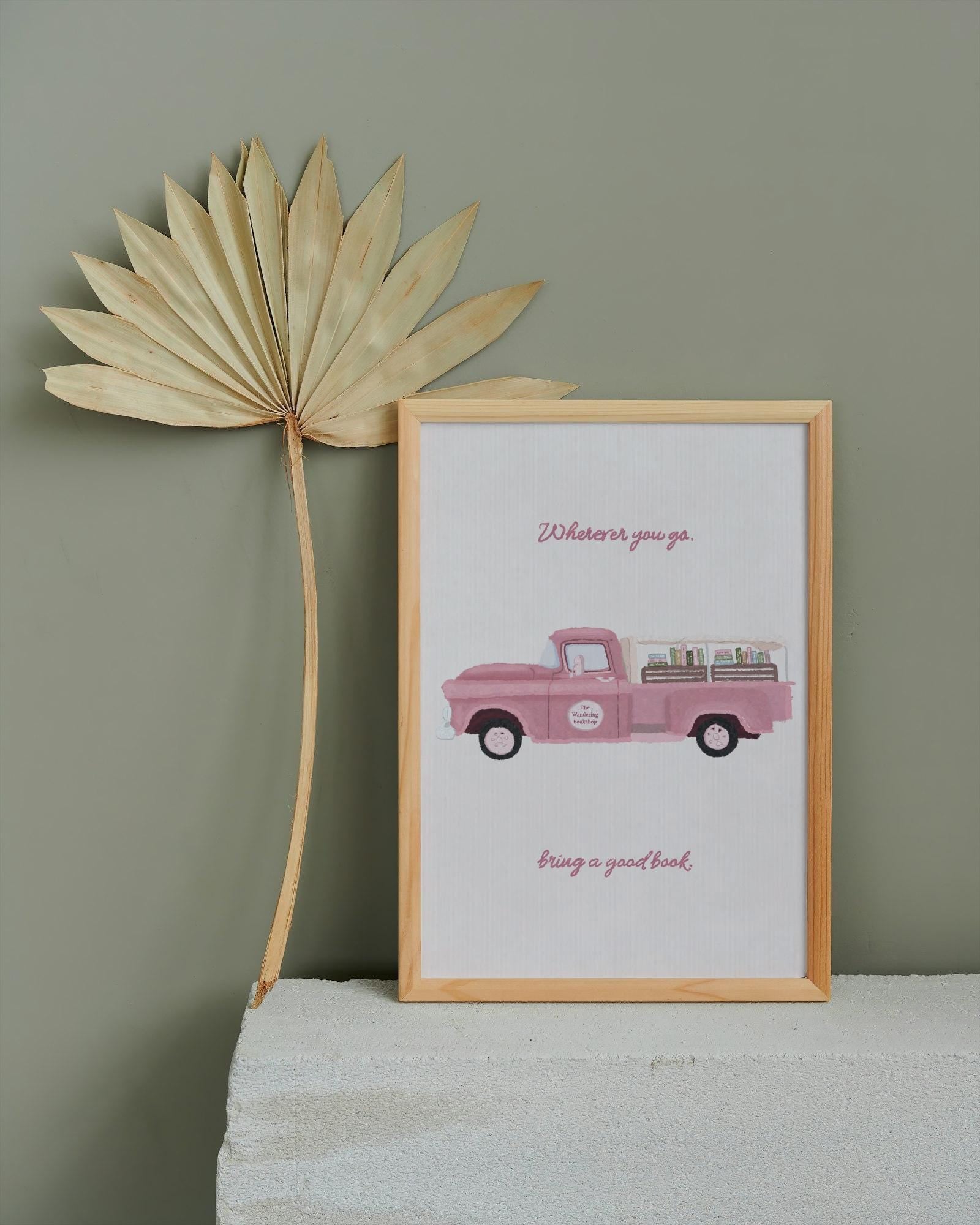 Whimsical Book Truck Art Print | Pink Book Illustration | Book Lover Wall Decor | Dreamy Bookish Home Art