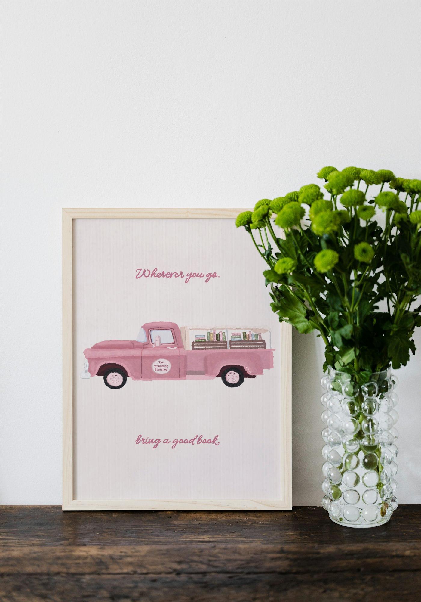 Whimsical Book Truck Art Print | Pink Book Illustration | Book Lover Wall Decor | Dreamy Bookish Home Art
