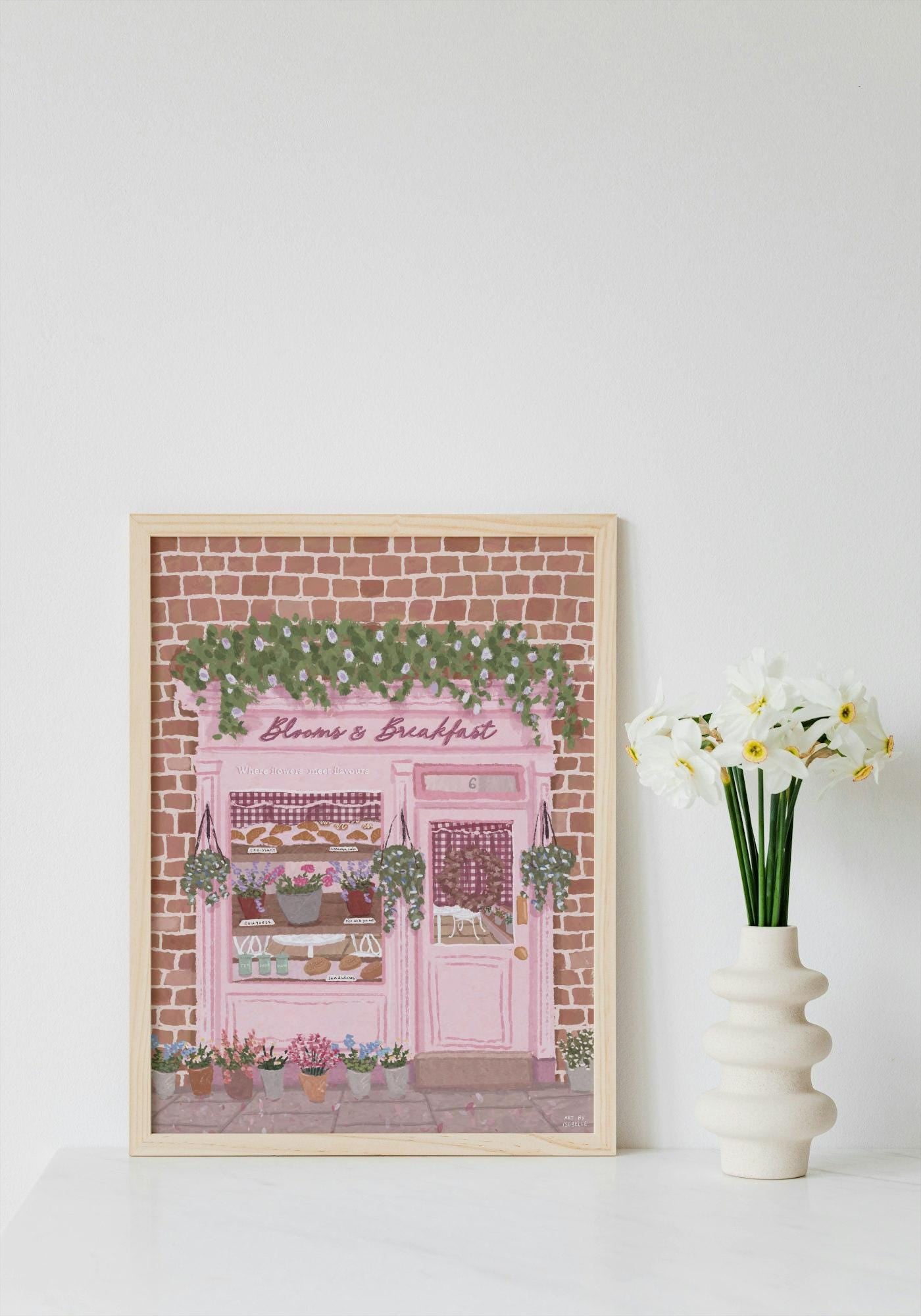 Blooms & Breakfast Art Print | Pink Floral Café Illustration | Kitchen Wall Art | Feminine Home Decor | Gift for Her