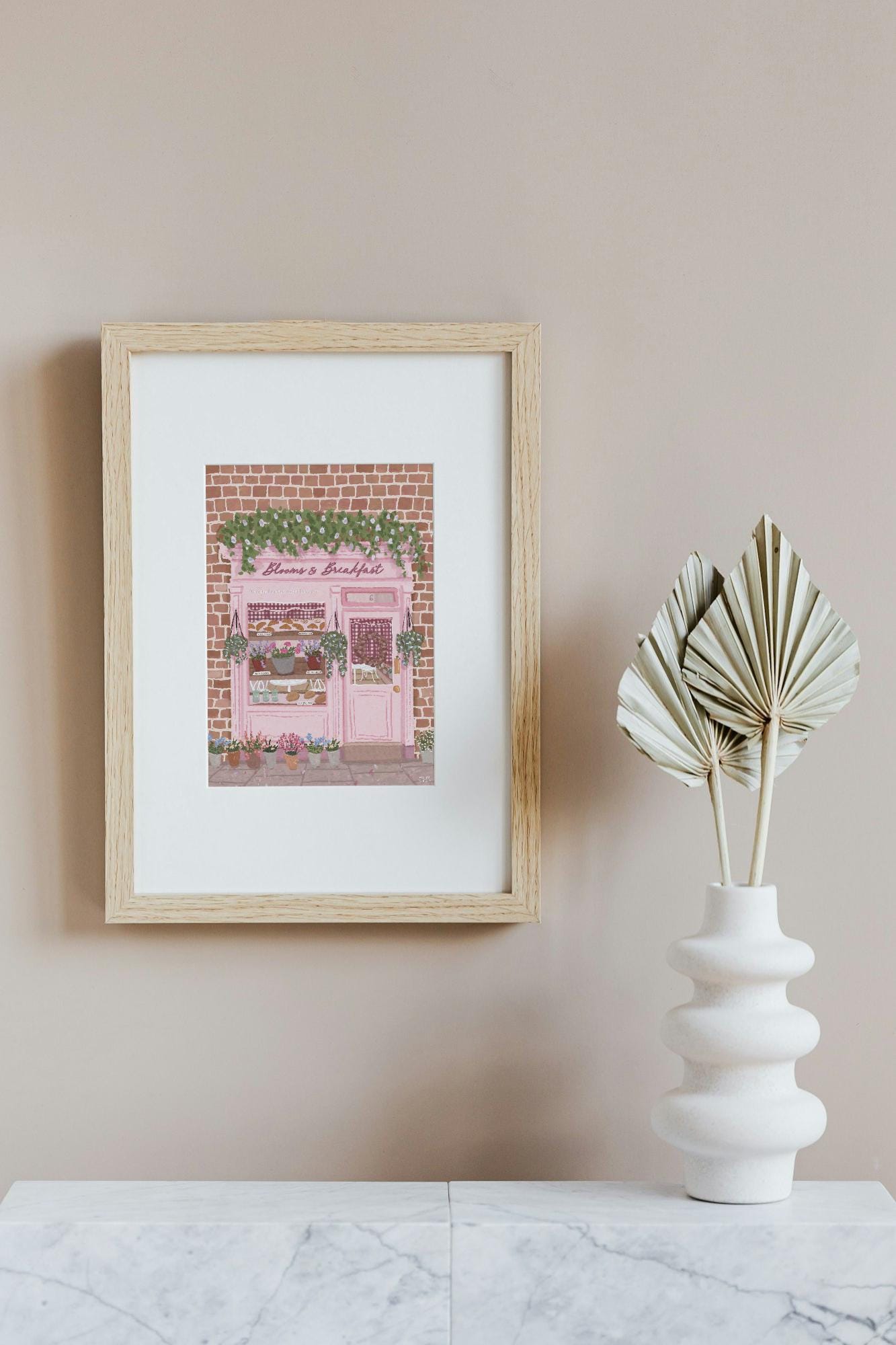 Blooms & Breakfast Art Print | Pink Floral Café Illustration | Kitchen Wall Art | Feminine Home Decor | Gift for Her