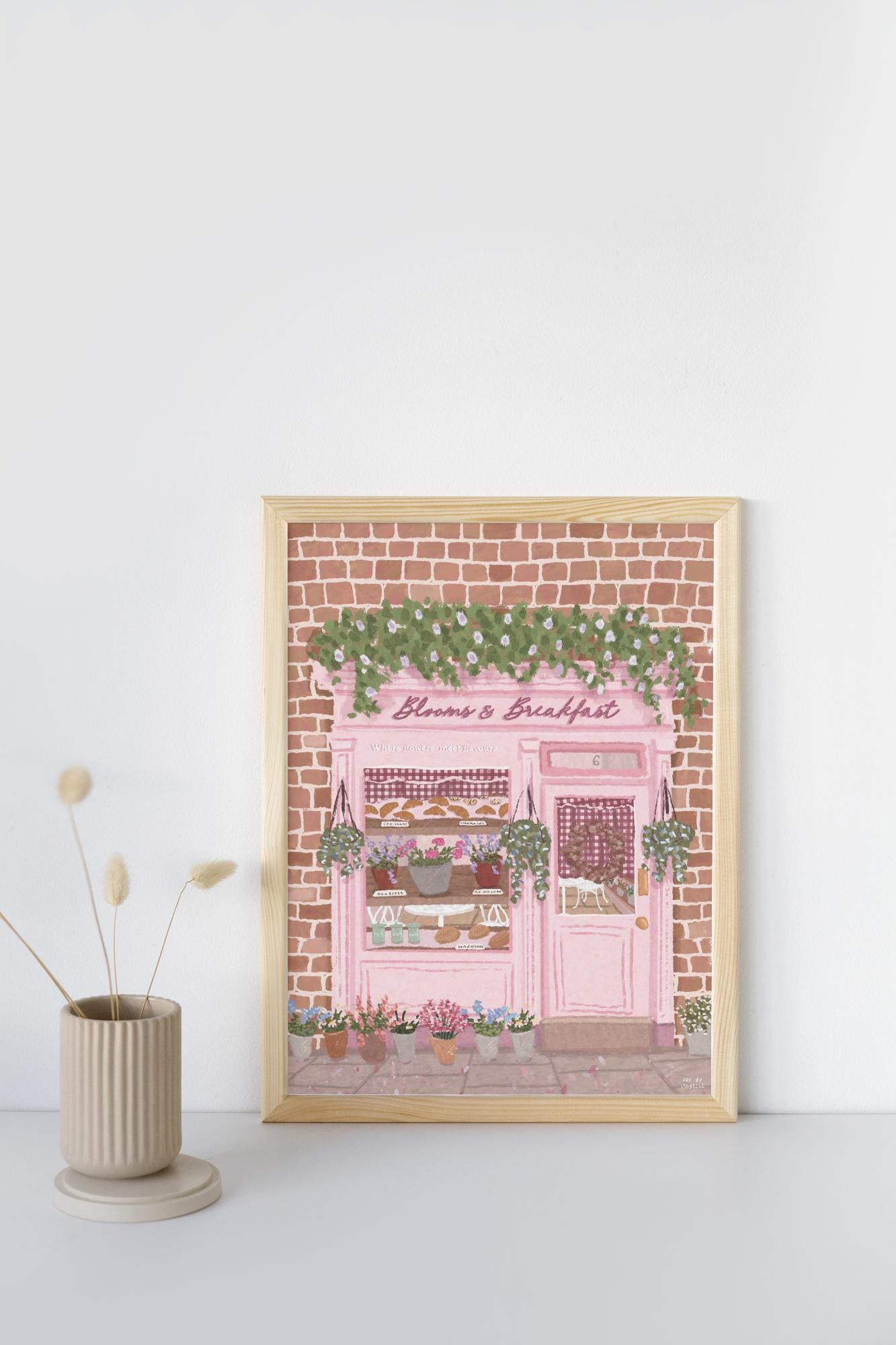 Blooms & Breakfast Art Print | Pink Floral Café Illustration | Kitchen Wall Art | Feminine Home Decor | Gift for Her