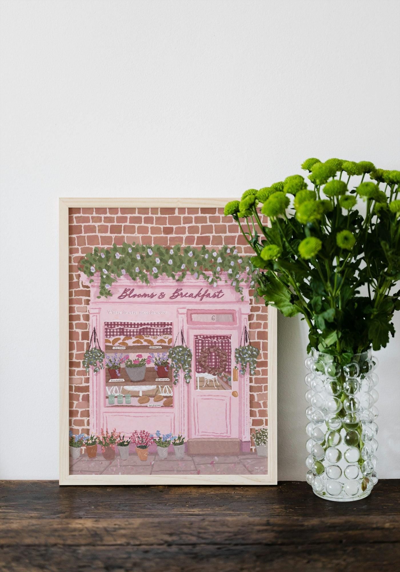 Blooms & Breakfast Art Print | Pink Floral Café Illustration | Kitchen Wall Art | Feminine Home Decor | Gift for Her
